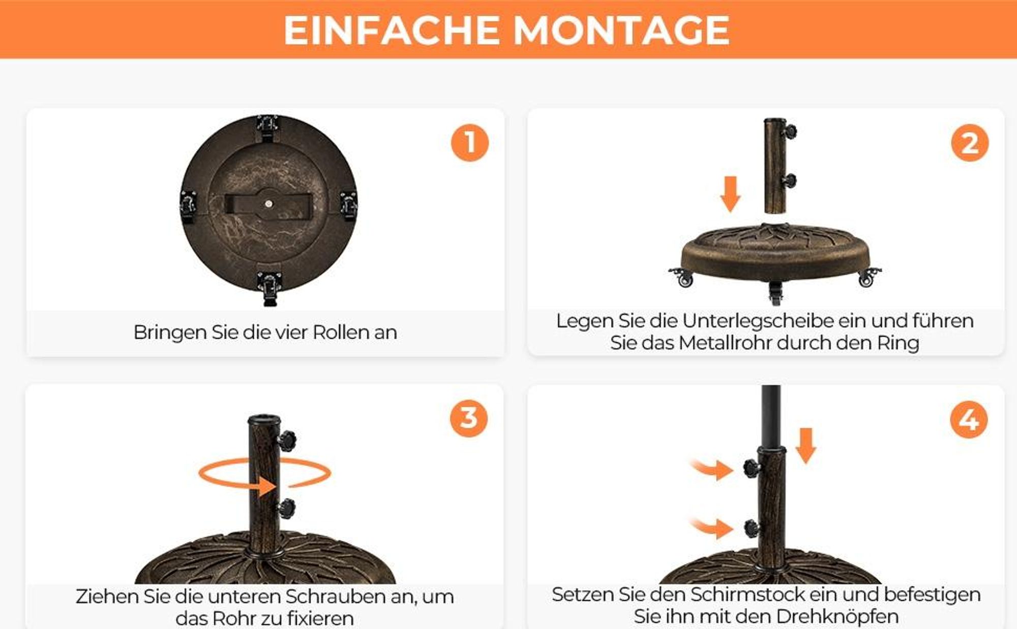 Yaheetech Sonnenschirmständer mit Rollen 20,6 kg, für Schirmstangen von ø34/38/48 mm, für Garten/Balkon/Strand, Bronze