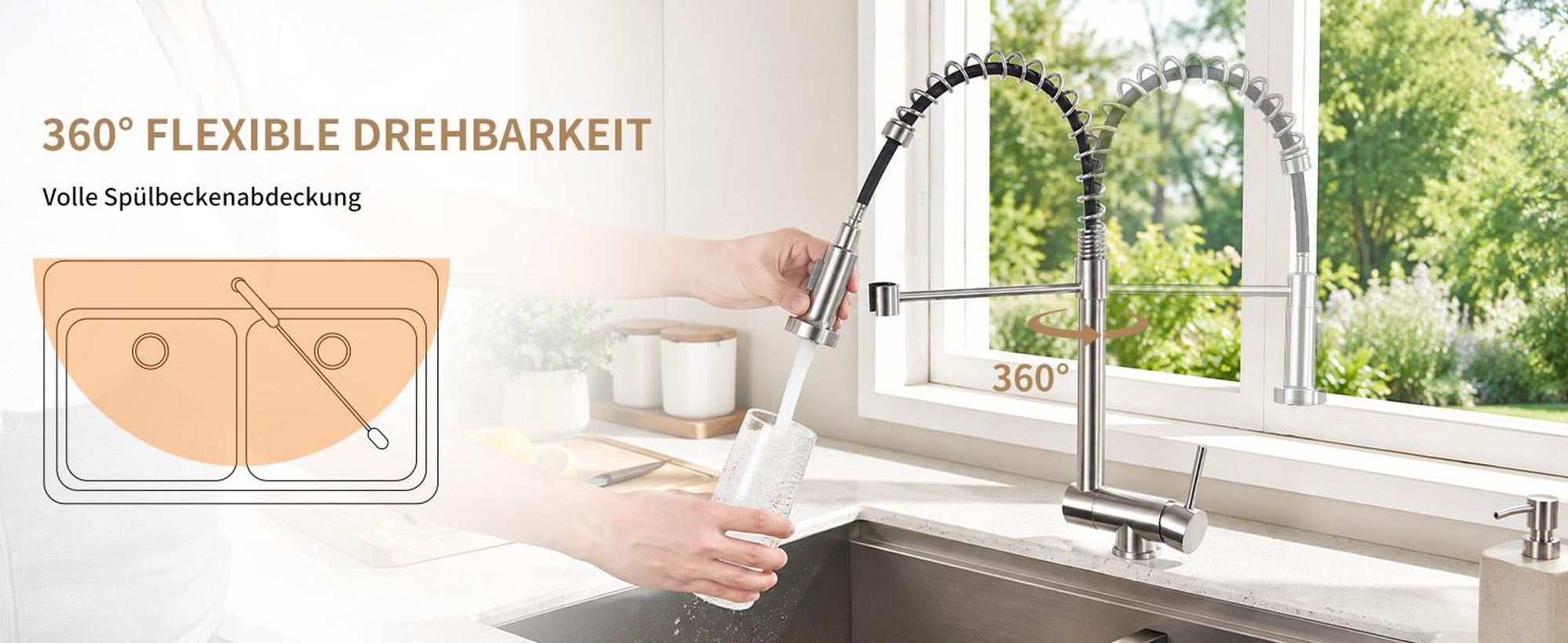 Homelody Vorfenster Küchenarmatur 90° Faltbar 360° Drehbare Hochdruck Edelstahl 304 Wasserhahn Küche mit Brause Ausziehbar 2 Strahlarten Gebürstet
