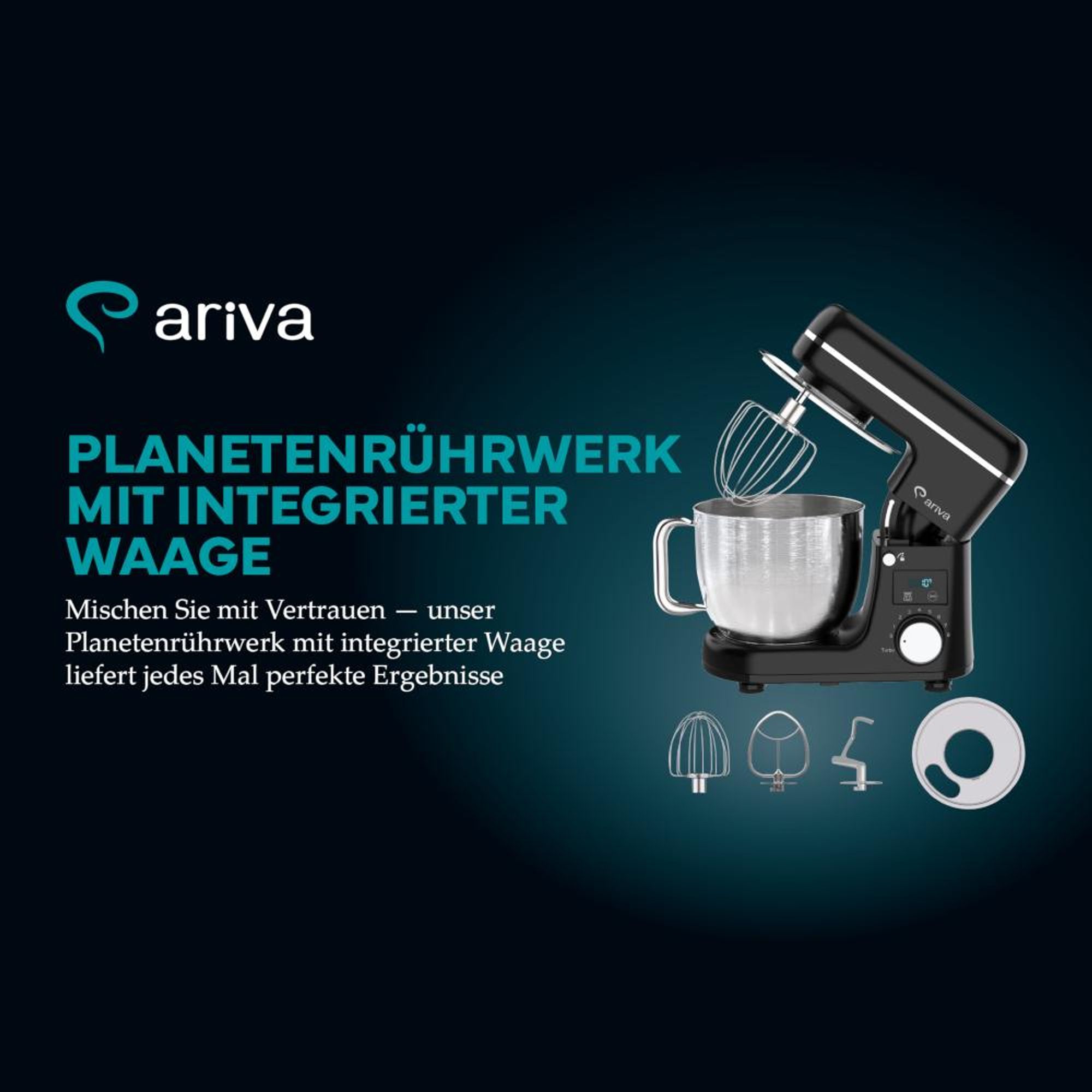 Schwarze ARIVA Küchenmaschine auf einer Küchenarbeitsplatte.