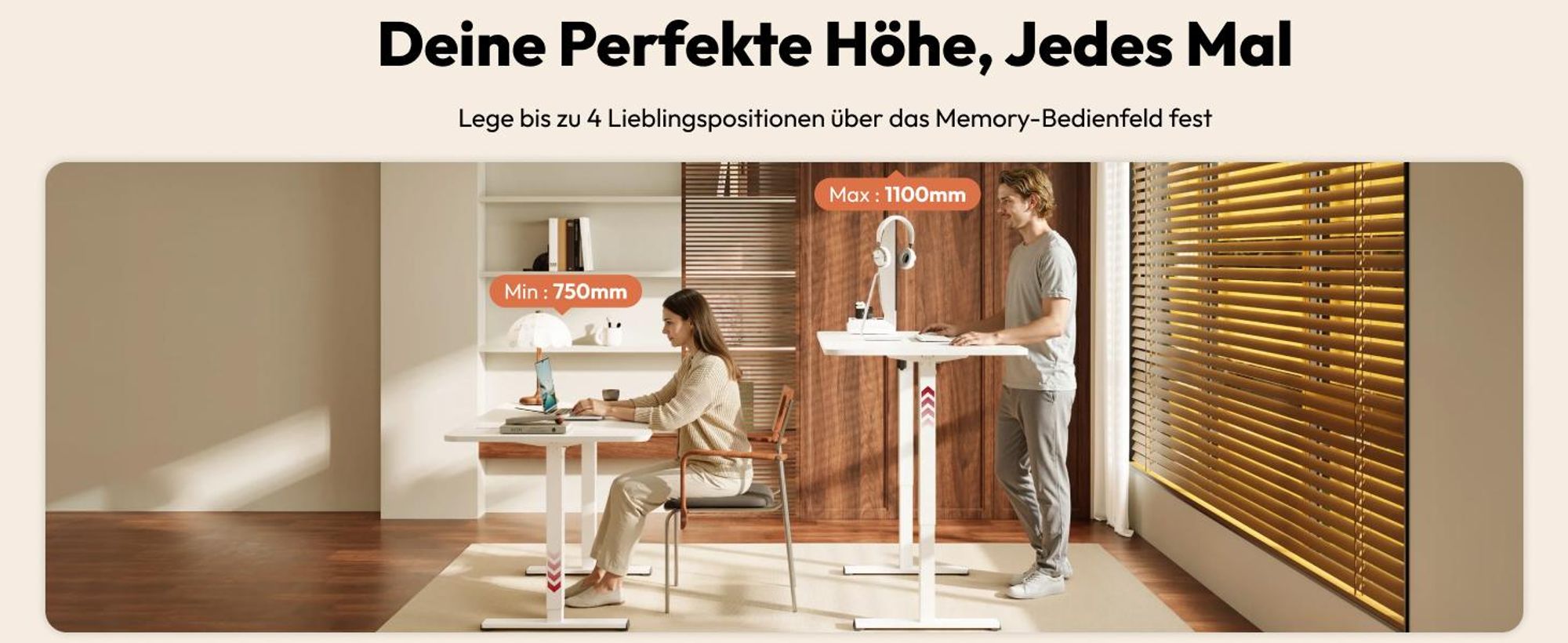 SANODESK QS1 Höhenverstellbarer Schreibtisch Elektrisch EINTEILIGE TISCHPLATTE, 4 Speicherplätzen, Haken & Kabelmanagement, 120x60cm (Weiß)