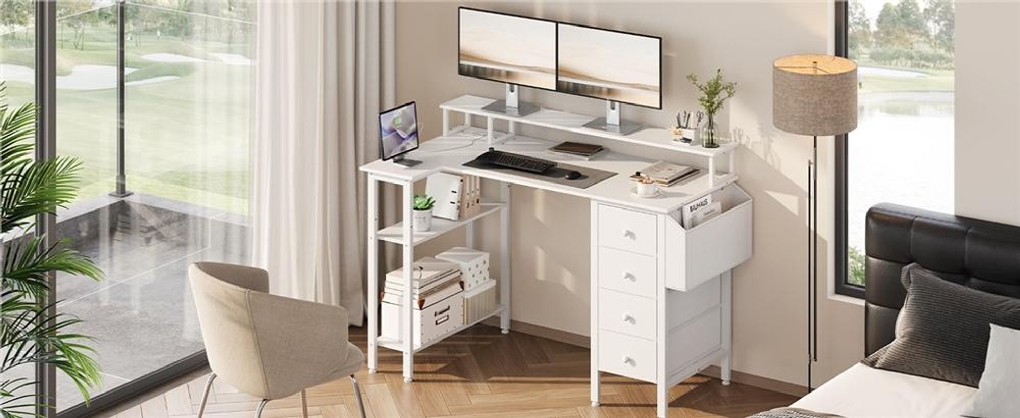 Yaheetech L-förmiger Computertisch, Schreibtisch mit Ladestation, umkehrbarer Gaming-Tisch, mit Monitorhalterung & Aufbewahrungstasche, Weiß