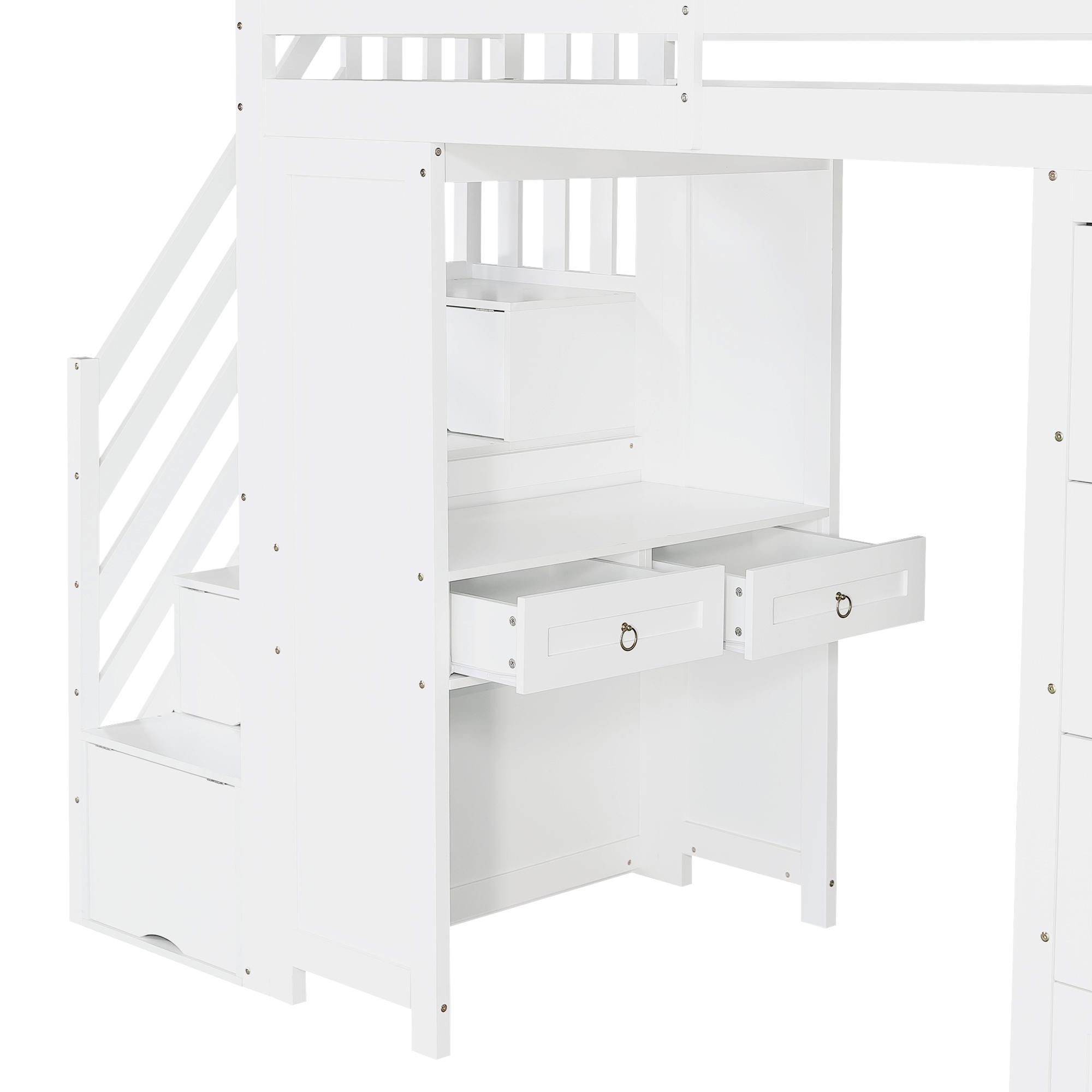 Flieks Etagenbett 90x200cm mit Schreibtisch und Regal, Kinderbett Hochbett mit Schubladen und Treppe, Stockbett Jugendbett mit Rausfallschutz, Weiß