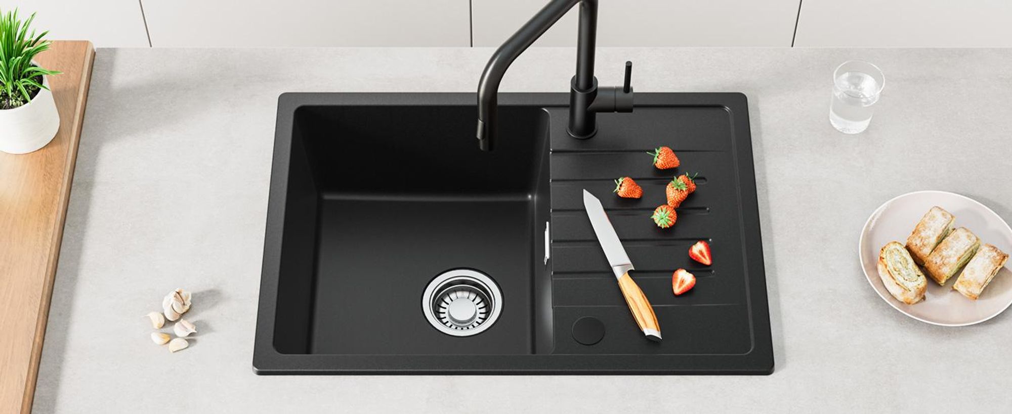 CECIPA Granitspüle Küchenspüle Granit Spülbecken 65x45, Aufsatzwaschbecken Anthrazitschwarzes Küchenspülbecken, Mit Abtropffläche