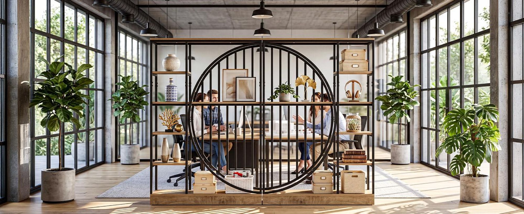 Tribesigns Raumteilerwand, 180 cm,freistehender Raumteiler mit 5 Ablagefächern, Trennwand Holz Industriestil mit geometrischem Kreismuster, Homeoffice