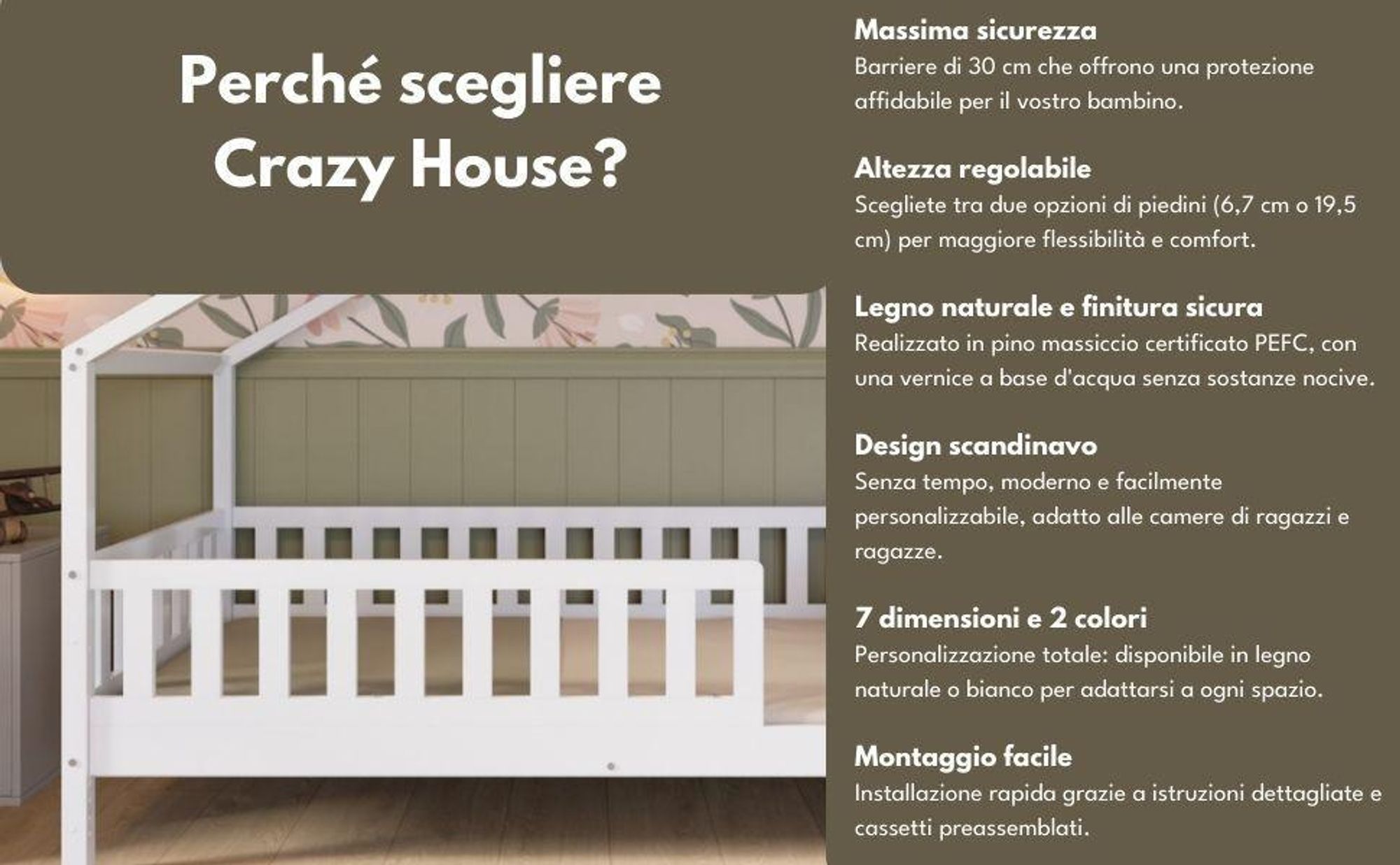 Crazy Pine Letto a Casetta 80x160 cm – Letto da Pavimento in Legno Naturale per Bambini – Gambe Regolabili e Barriera Rimovibile – Crazy House