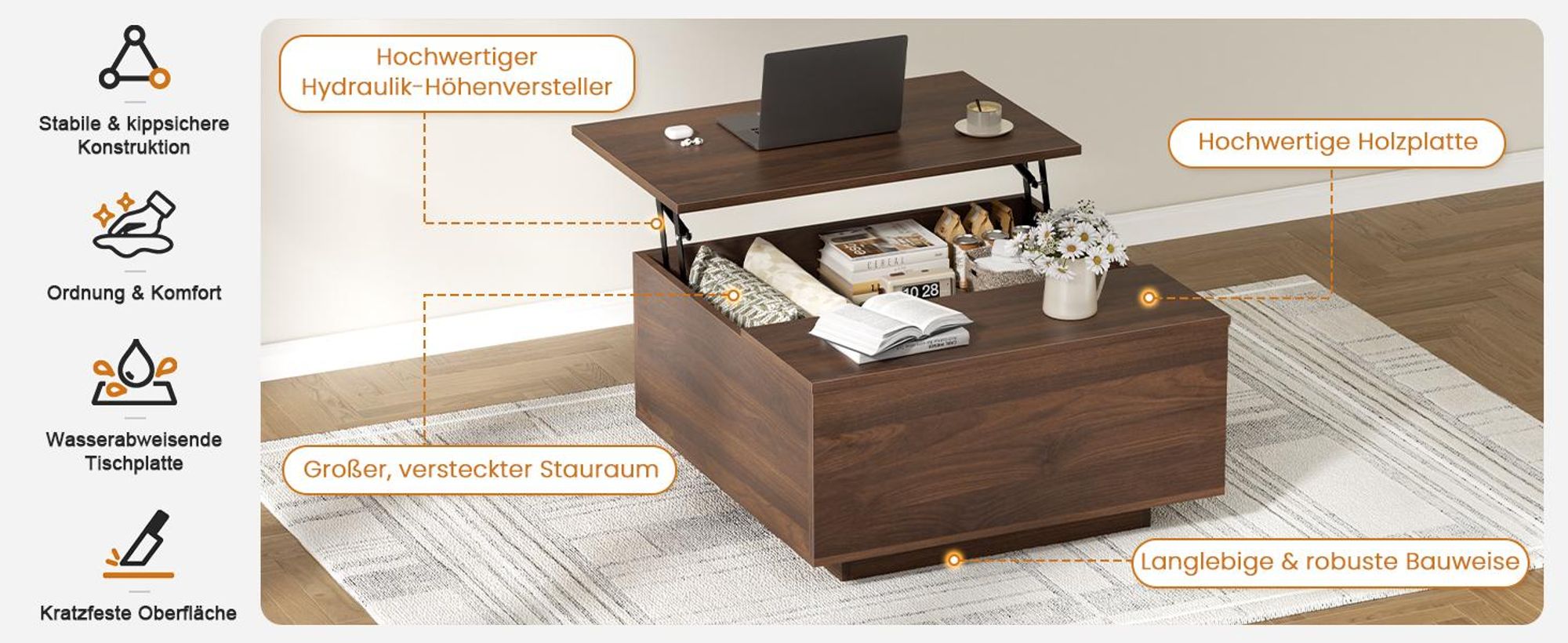 FABATO Couchtisch eckig, höhenverstellbar mit verstecktem Staufach, Landhaus-Design in Nussbaum
