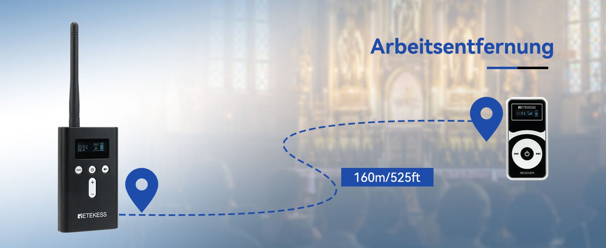 Retekess T130P Kabelloses Audio Guide System, Whisper Tour Guide, 160m, Lange Standby, Abgestufte Geräuschreduzierung, Typ-C Aufladung 10 Empfänger