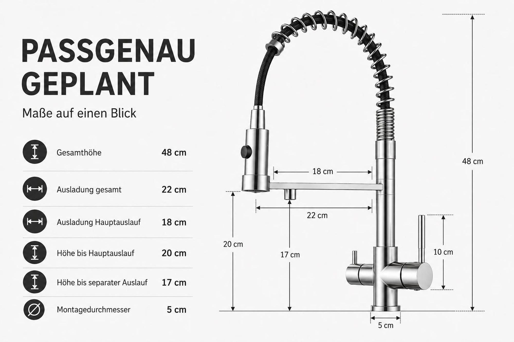3-Wege Küchenarmatur Solid Spring mit Wasserfilter-Anschluss, herausziehbare Brause, 360° schwenkbar, getrennte Wasserwege, Keramikkartusche Schwarz-matt