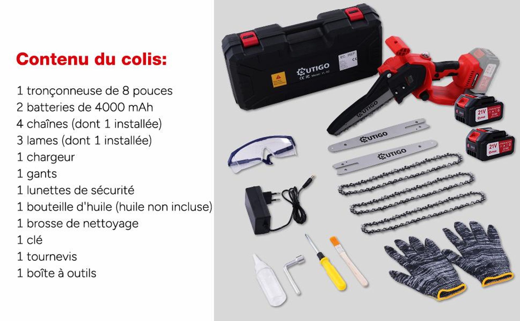 Tronçonneuse à batterie 8 pouces, tronçonneuse sans fil OUTIGO 1000 W, 2 batteries 21 V 3000 mAh, outil de jardinage puissant pour couper les branches