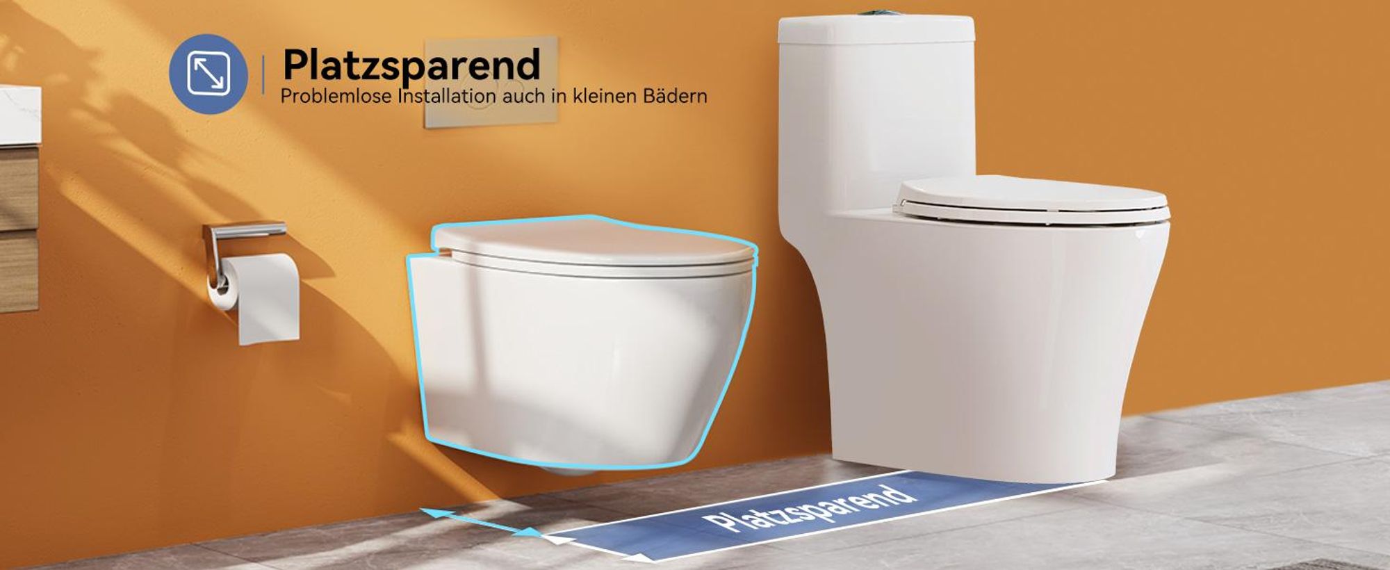 Platzsparende Konstruktion: Durch das wandhängende Design sparen Sie Platz in dem Badezimmer.