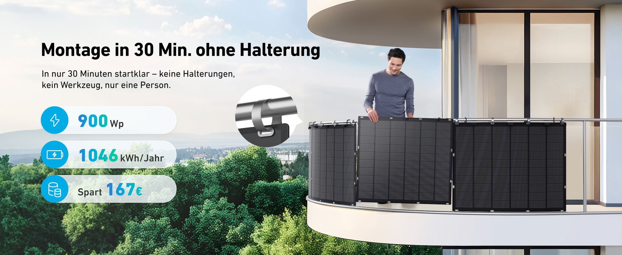 Balkonkraftwerk mit Speicher (900W | 1600Wh), Anker SOLIX Solarbank 2 E1600 Pro, Flexibel Solarpanel 4x225W für Balkon Dach Wand und Wohnmobil