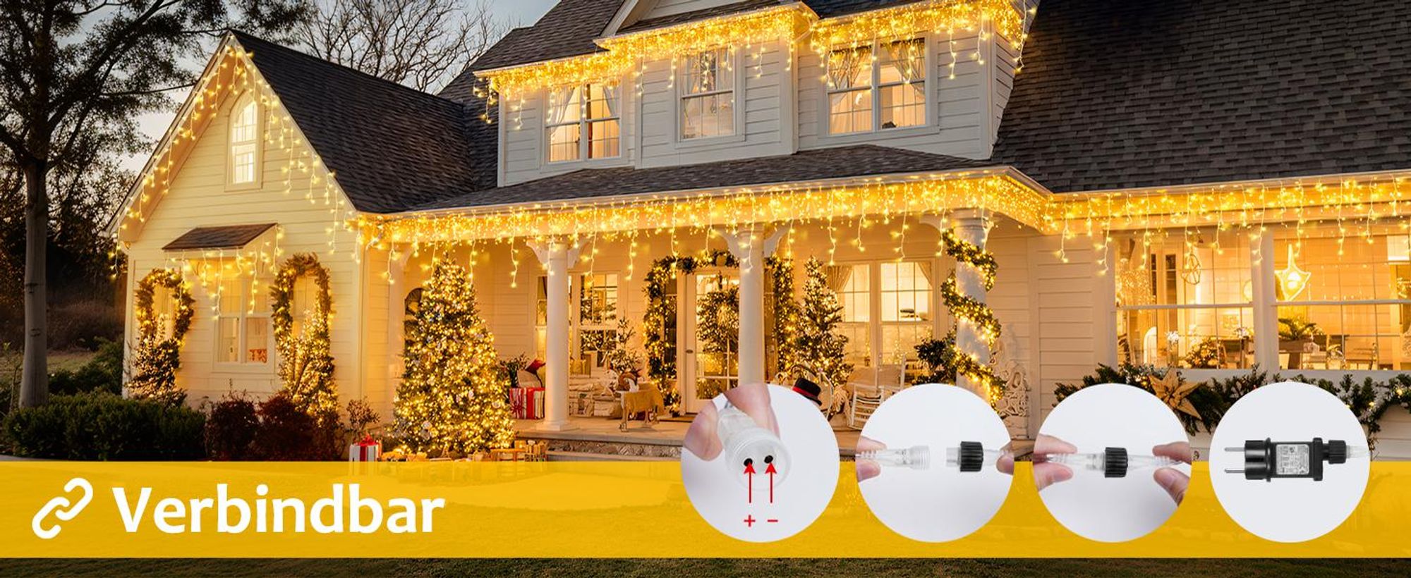 10m 400 LED Eiszapfen Lichterkette 8 Modi Lichtervorhang Wasserdichte Weihnachtsbeleuchtung Innen Deko, Warmweiß