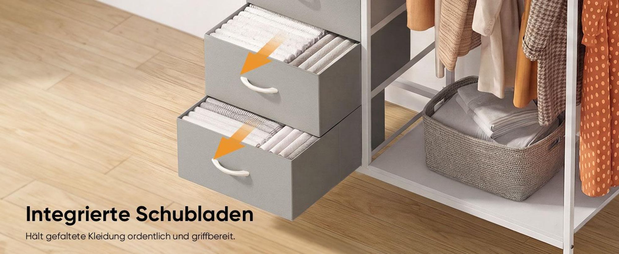 HOKEEPER Kleiderständer,Offener Kleiderschrank,Kleiderständer auf Rollen,Kleiderstange,Fahrbarer Kleiderständer mit Schubladen,Clothes rack,Haken,Grau