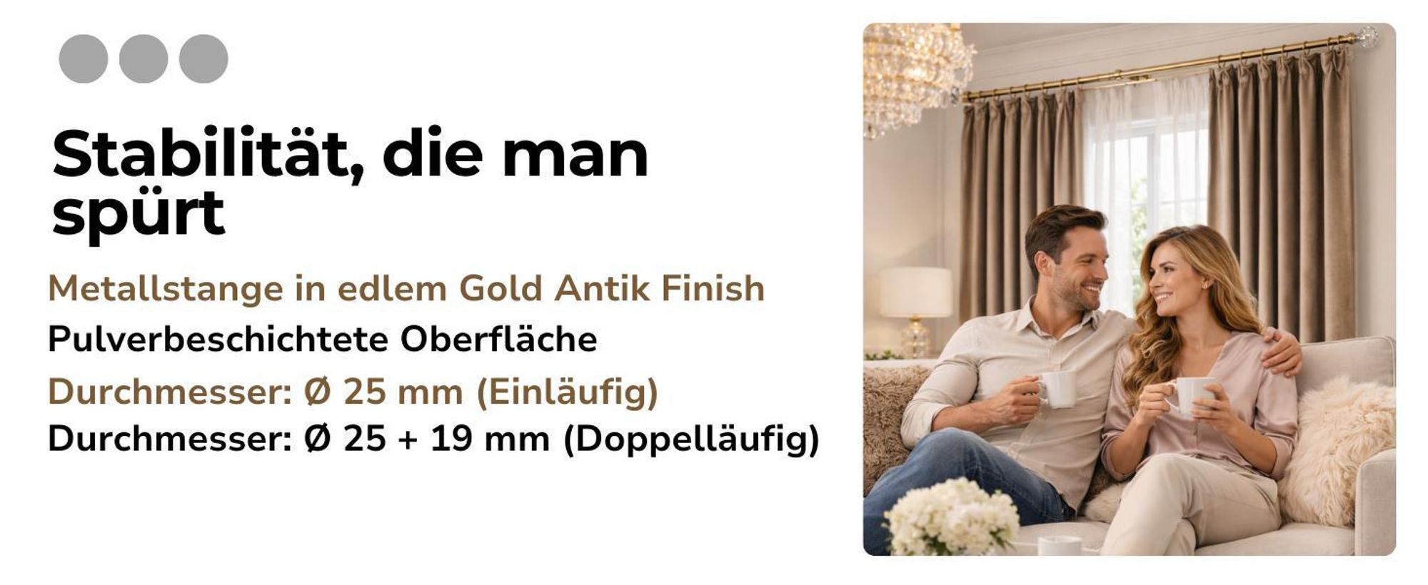 120 cm Einzelne Gardinenstange Ø 25 mm Antikgold mit Glaskugel Endstücken Einläufig Metall Vorhangstange Set