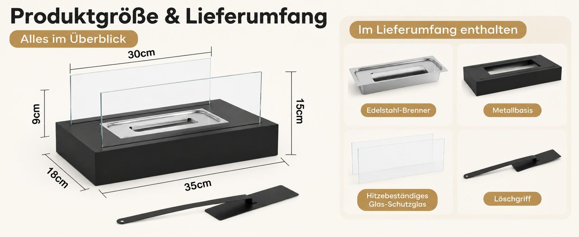 ZMH Bioethanol Tischkamin Edelstahl Tisch Kaminfeuer 35cm Rechteckig 250ml für indoor outdoor Glaskamin Glasfeuer Tisch Dekofeuer schwarz