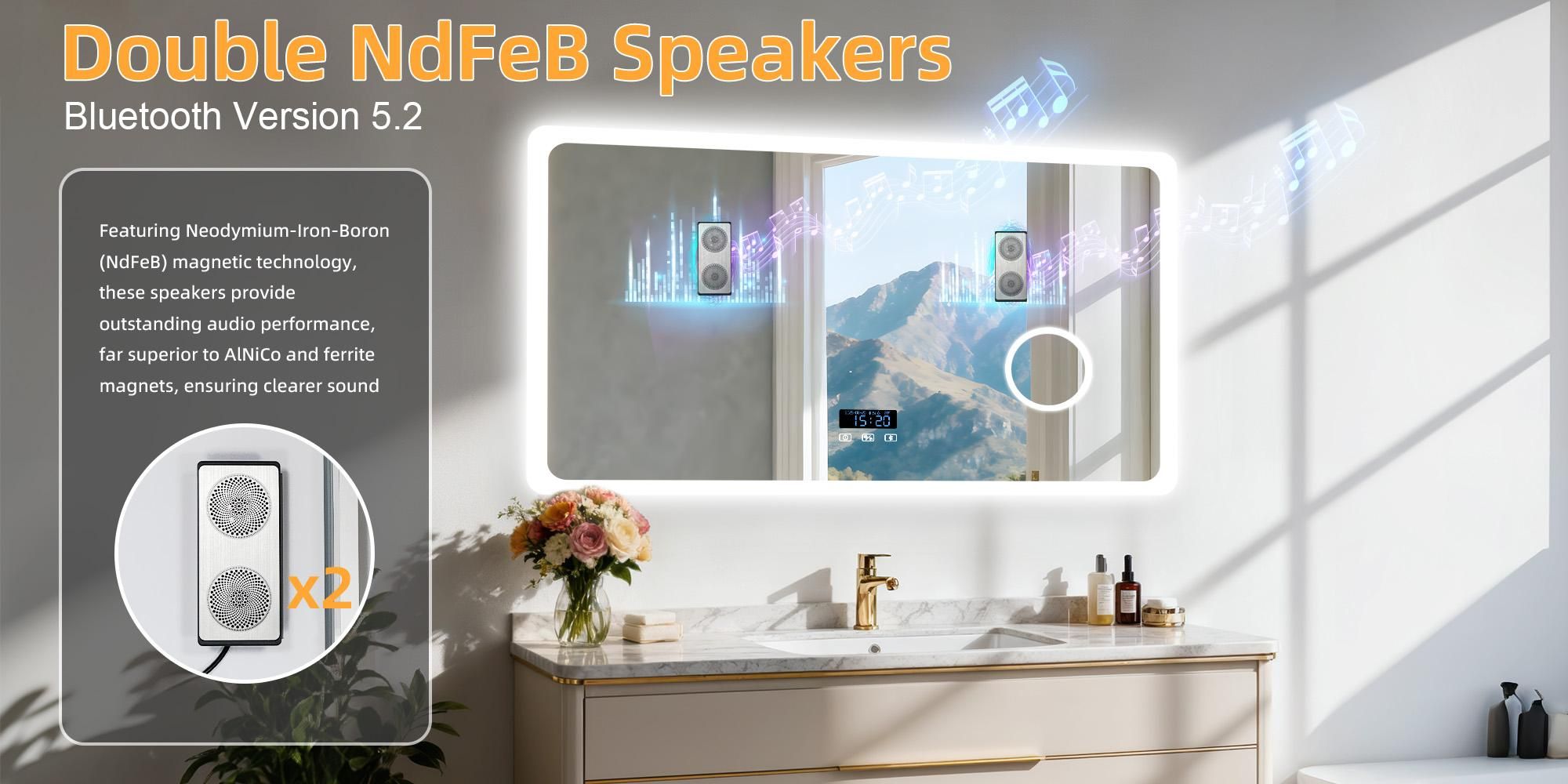 WISFOR Badezimmerspiegel mit Bluetooth und LED-Beleuchtung, 120 x 70 cm,Wandspiegel mit Uhr 3-Fach Schminkspiegel Energiesparend Speicherfunktion