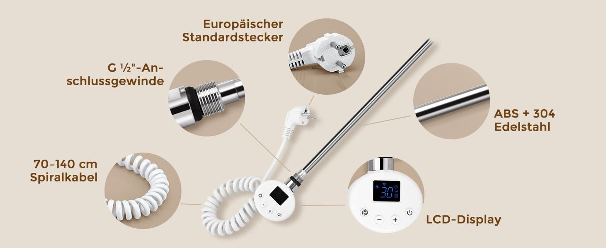 S’AFIELINA Heizstab mit Thermostat 300W, programmierbarer Timer & LCD-Anzeige, WiFi, für Badheizkörper, Edelstahl, intelligente Steuerung, Weiß