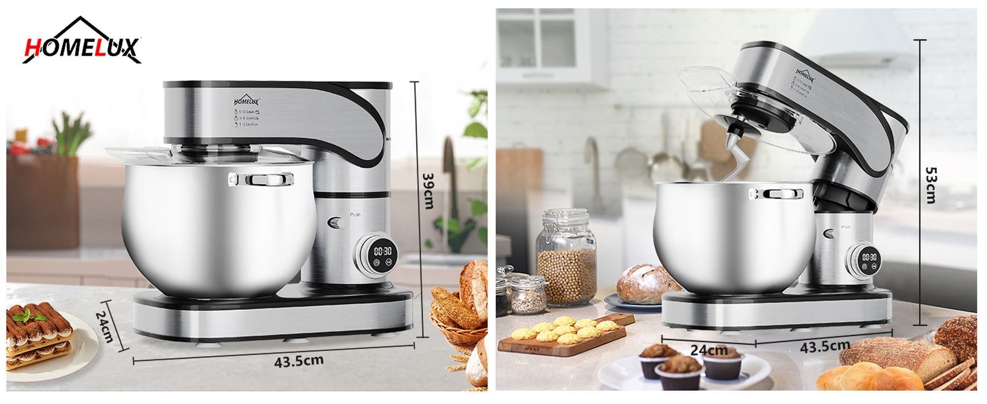 HOMELUX 2500W Küchenmaschine Multifunktional Knetmaschine, 12L Knetmaschine inkl 4-Teiligem Patisserie-Set und Spritzschutz, 12 Geschwindigkeit