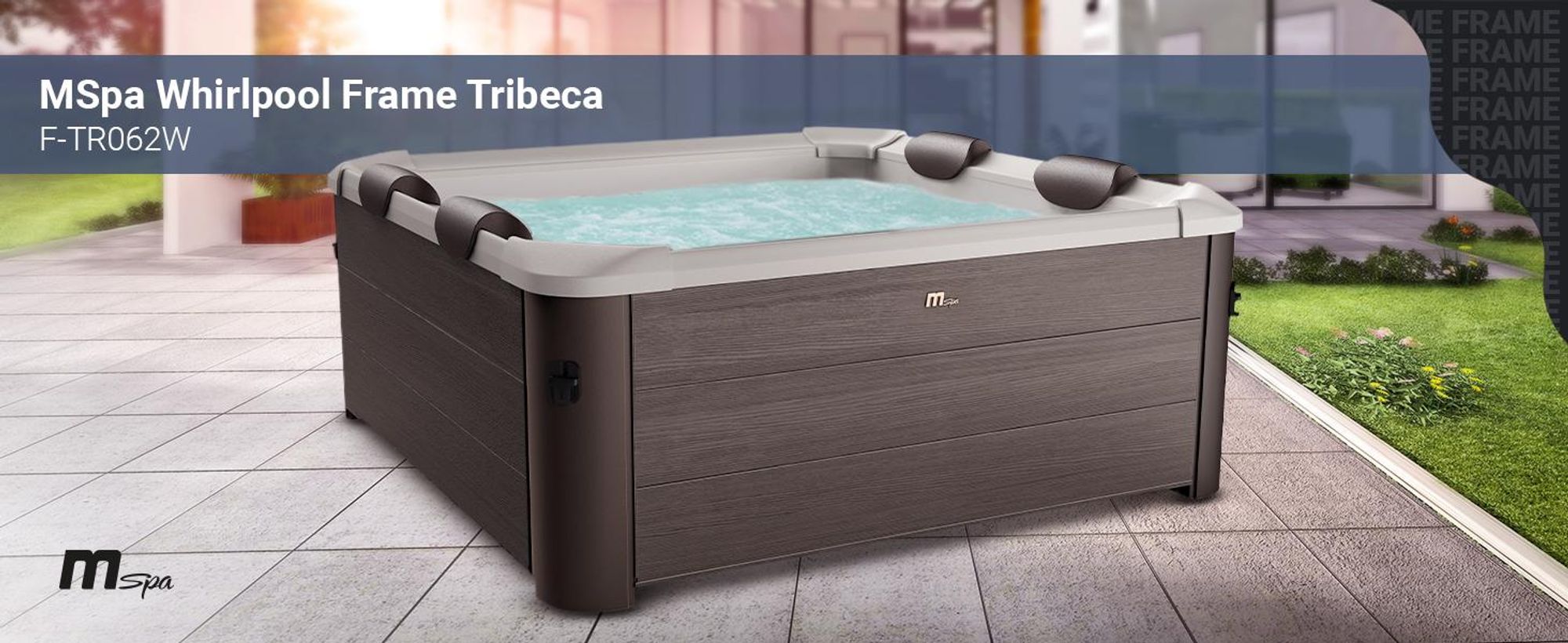 Miweba MSpa Outdoor Whirlpool Frame Tribeca | 6 Personen - App Steuerung - Holzoptik - Feste Außenwand - Jacuzzi - UVC+ - Winterfest - 160x160x65cm