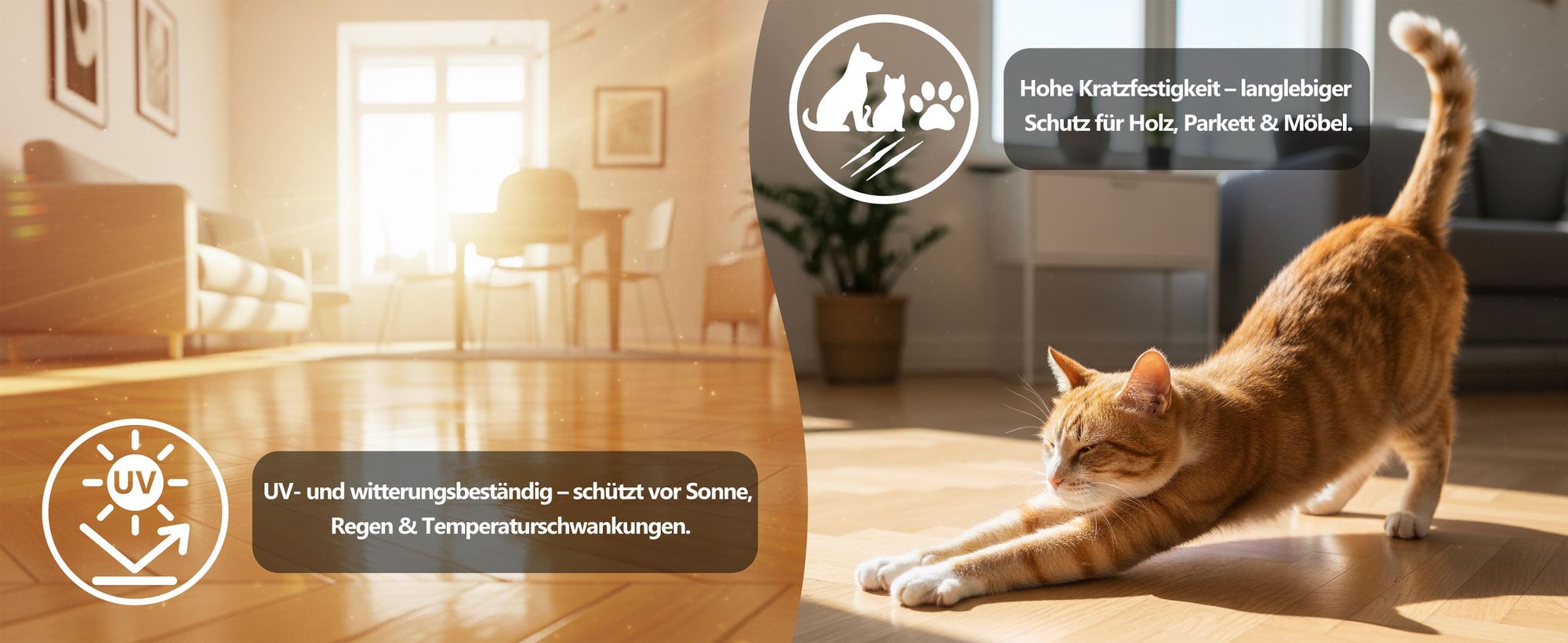 Orange-weiße Katze auf Parkettboden, links Symbole zu UV-Schutz und Kratzfestigkeit.