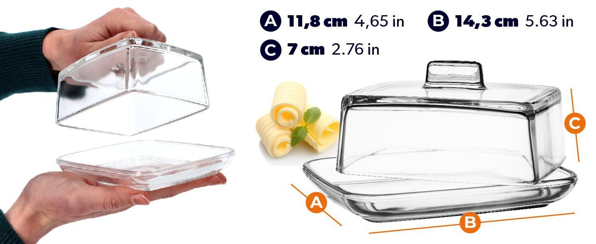 KADAX Butterdose aus Glas "Calvi", rechteckige Butterglocke mit Deckel, Transparent, 14 cm, 1 Stück