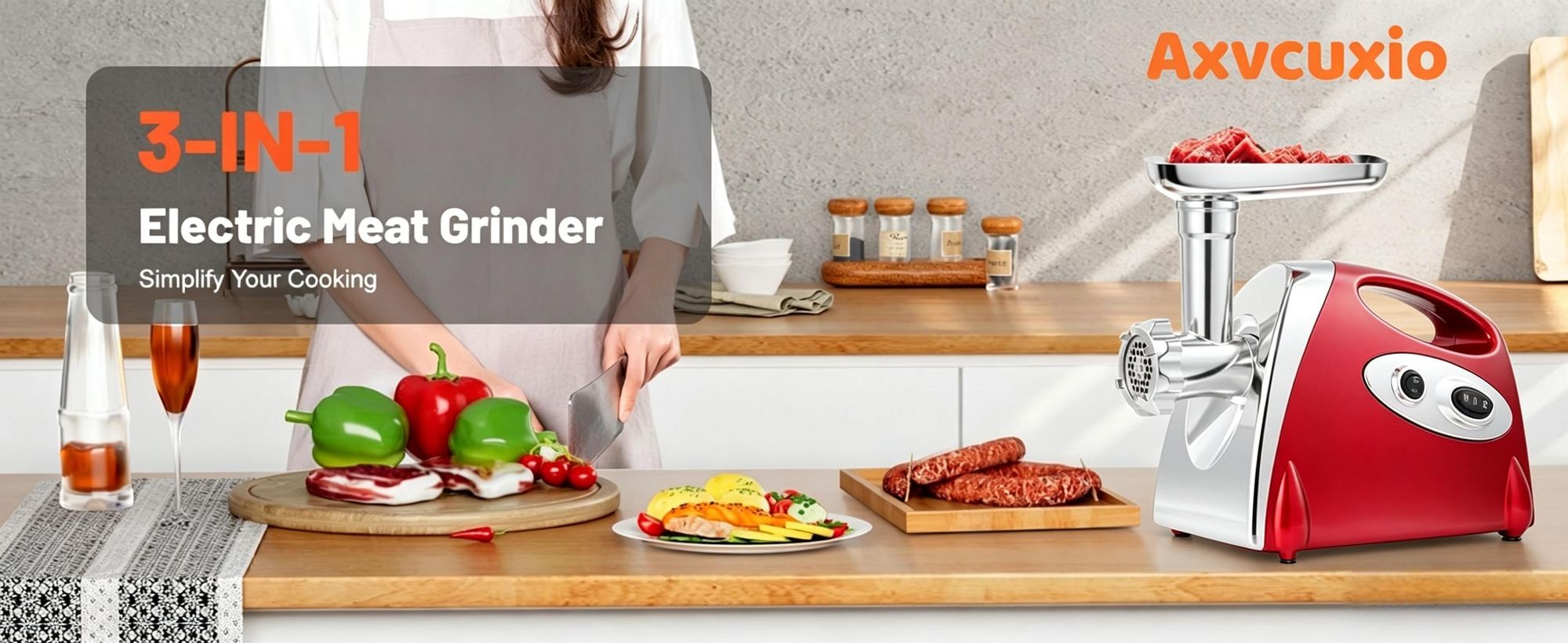 2800W Elektrischer Fleischwolf, 3in1 Multi Küchenmaschine,Super-intelligenter Wärmeschutz,Wurstmaschine mit 3 Lochscheiben, 4 Kegel-Klingen,rot