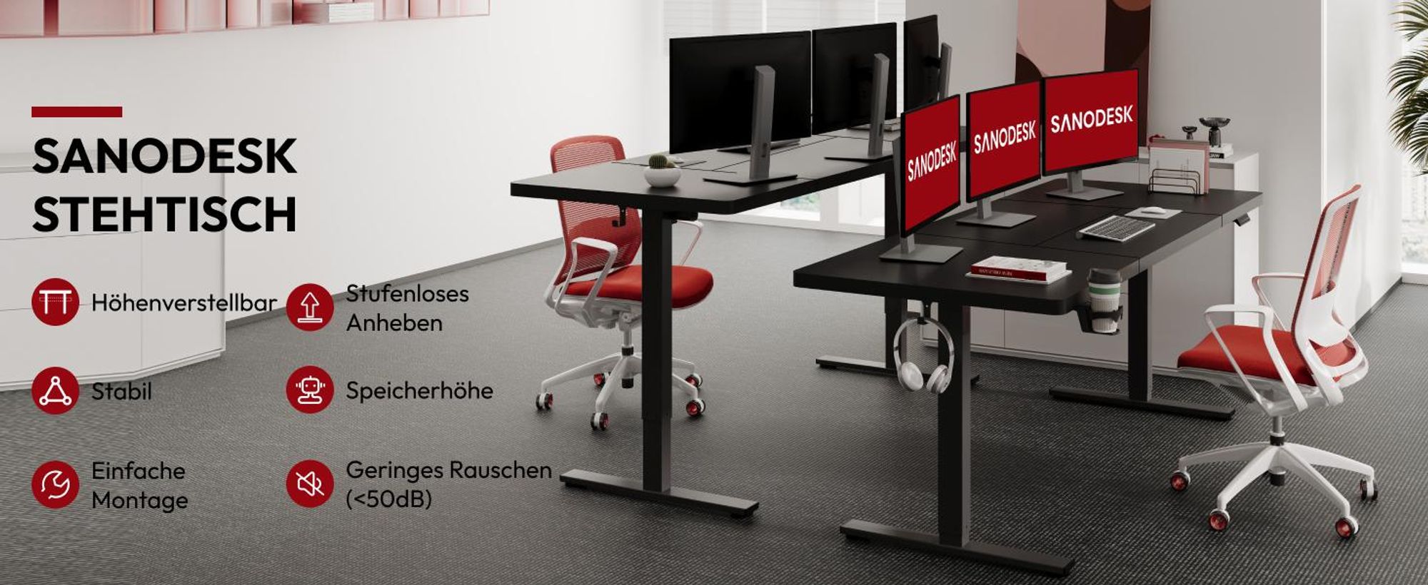 SANODESK Höhenverstellbarer Schreibtisch 200x80cm elektrisch 4 Memory-Funktion, Antikollisionsschutz, 70kg Tragkraft, mit Haken und Ablagebox(Schwarz)
