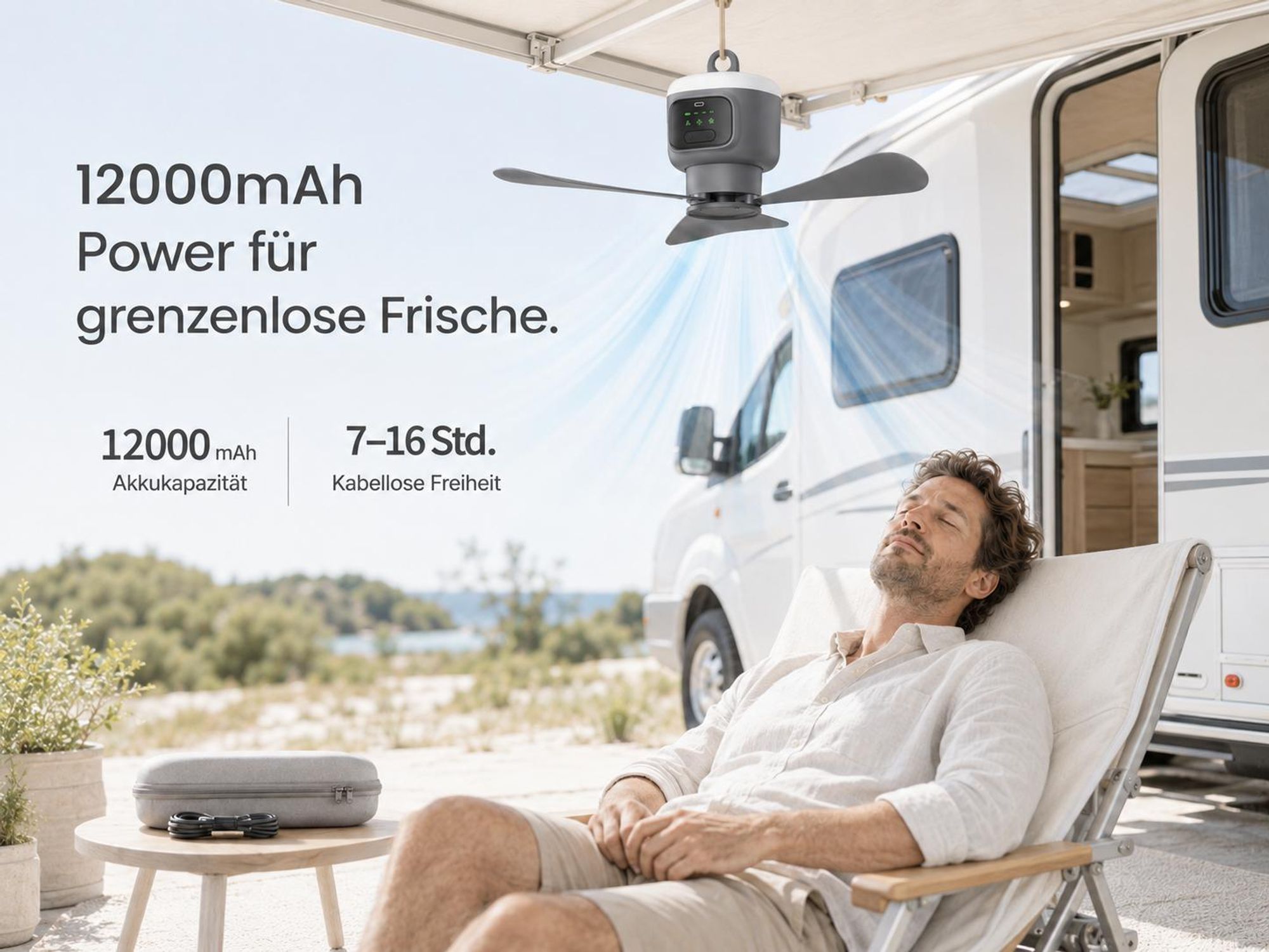 XL Ø45cm Camping Ventilator mit Licht, Akku 12000mAh, USB-C aufladbar, Deckenventilator mit Fernbedienung & Timer, Starke Brise für Zelt Pavillon RV