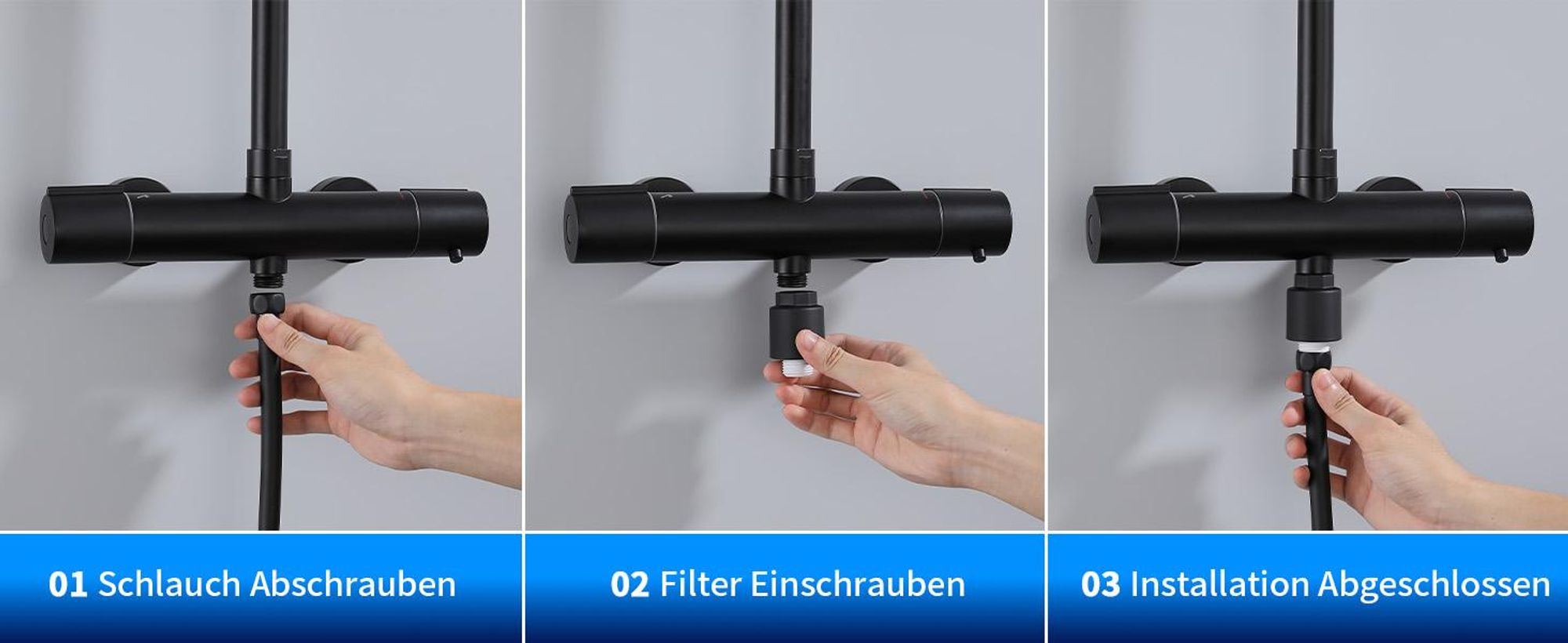 Homelody Duschsystem mit Thermostat, Schwarz Duscharmatur Komplettset mit 3 Strahlarten Duschkopf Rund Regendusche mit 25CM Kopfbrause 2 Filter