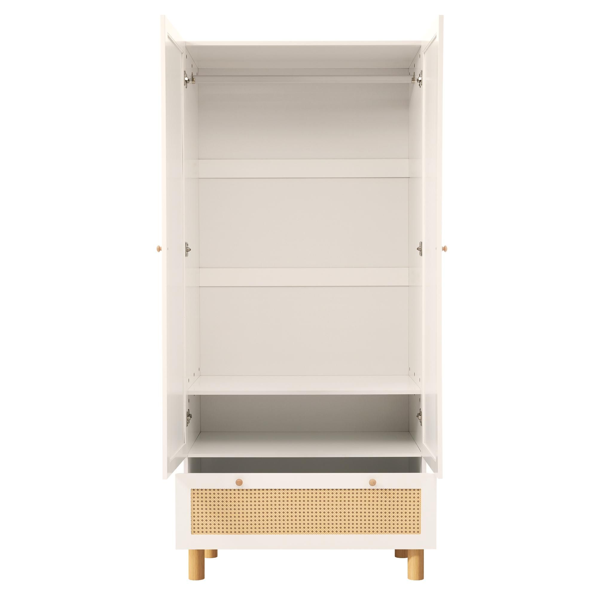 Flieks Kleiderschrank Garderobenschränke mit Kleiderstange, Garderobe mit Schublade und höhenverstellbaren Regalen, Rattan 2-türig Schrank, Weiß