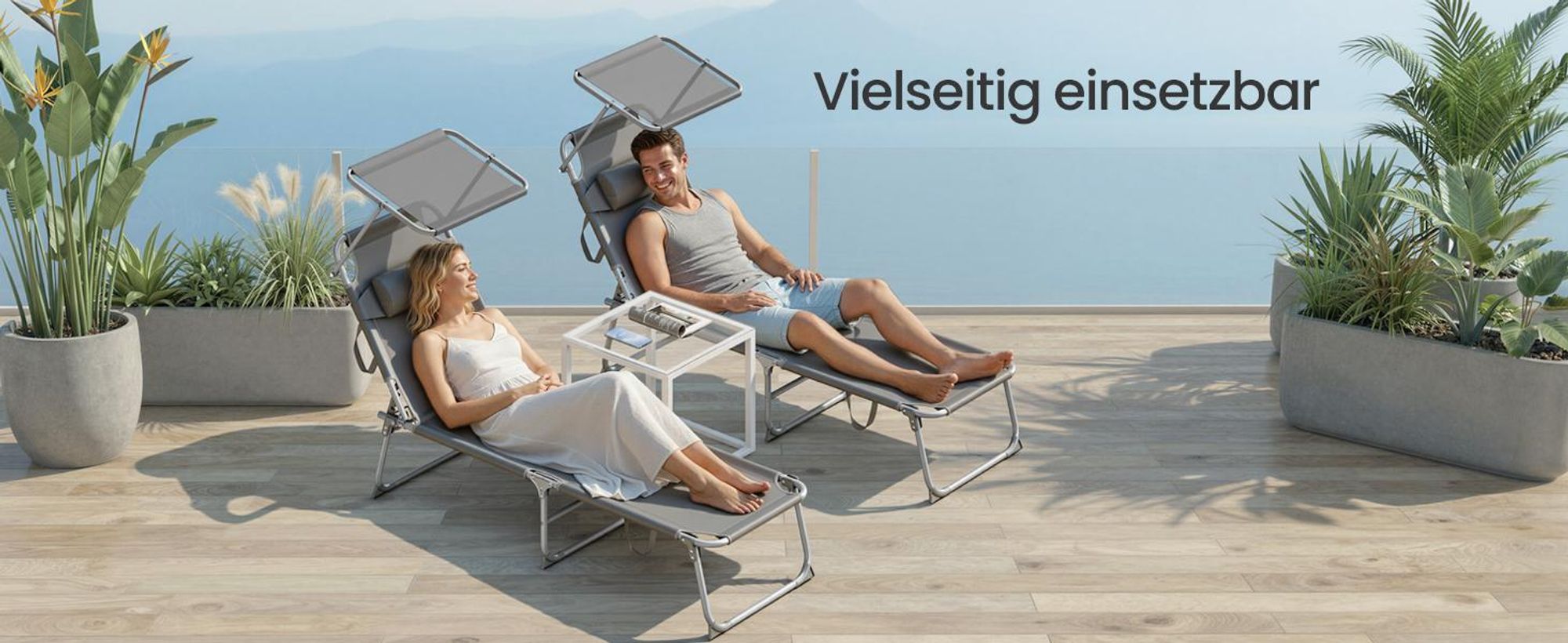 SONGMICS Sonnenliege klappbar, 2er Set, mit Kopfstütze, belastbar bis 110 kg, verstellbare Sonnenblende, grau