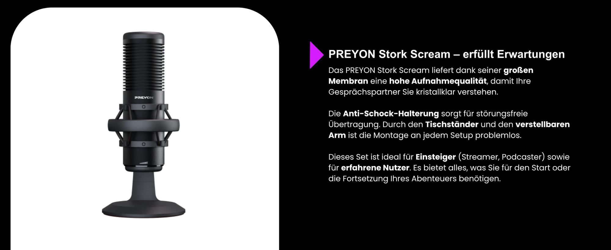 PREYON Stork Scream Gaming Mikrofon PC - USB Mikrofon Streaming Microphone Podcast Mikro Stand Mikrofon Für PC Studio Mikrofon Mit Arm Aluminium