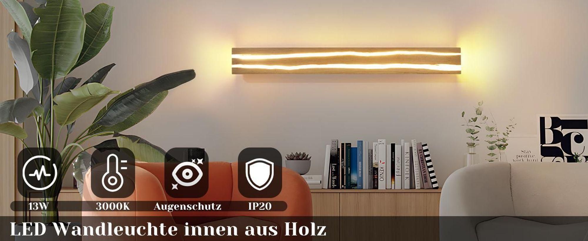 ZMH LED wandlamp, binnen, hout, 80 cm, wandlamp voor woonkamer, 13W, warm wit, 3000K, wandlamp voor hal, modern, lange gang, wandverlichting voor trappenhuis, slaapkamer