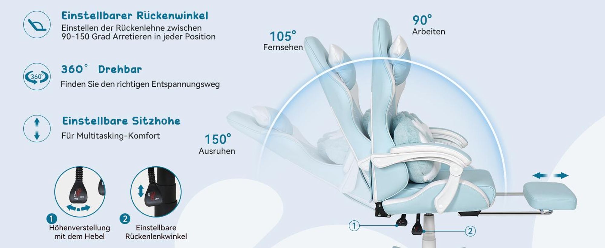 Puluomis Gaming Stuhl mit Fußstütze, Bürostuhl Chefsessel Schreibtischstuhl Racing Stuhl ergonomisch drehbar höhenverstellbar Katze Weiß Blau