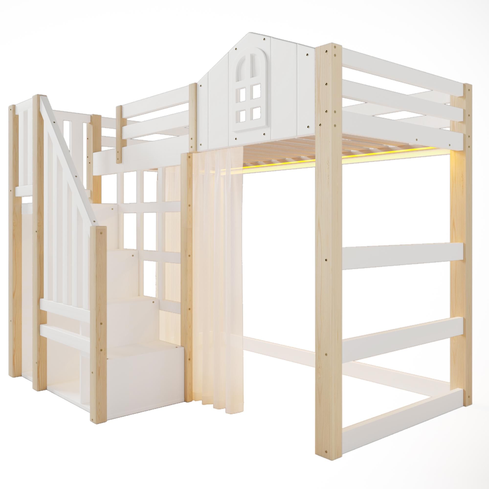 Flieks Etagenbett 90x200cm mit Led, Kinderbett Hausbett mit Bettvorhang, Hochbett Einzelbett mit Lattenrost und Rausfallschutz, Naturbelassen