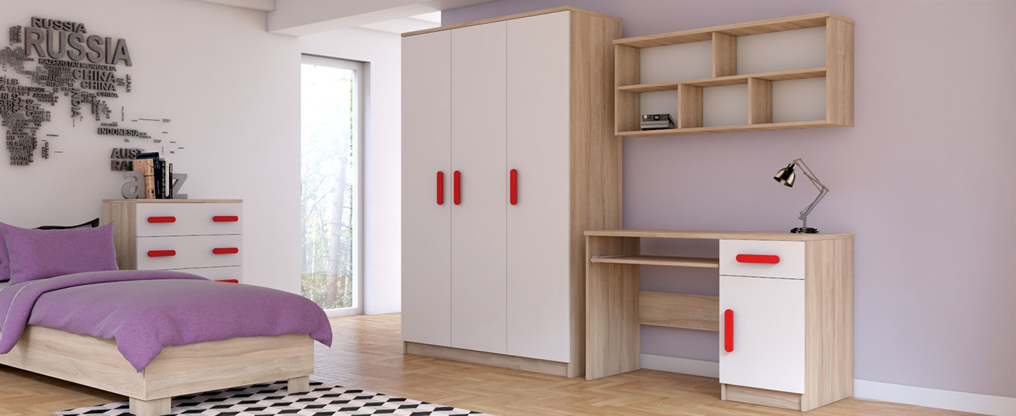 Kinder-Kleiderschrank 120 cm – Sonoma/Weiß mit rote Griffe, Kleiderstange & Einlegeböden JONAS 19