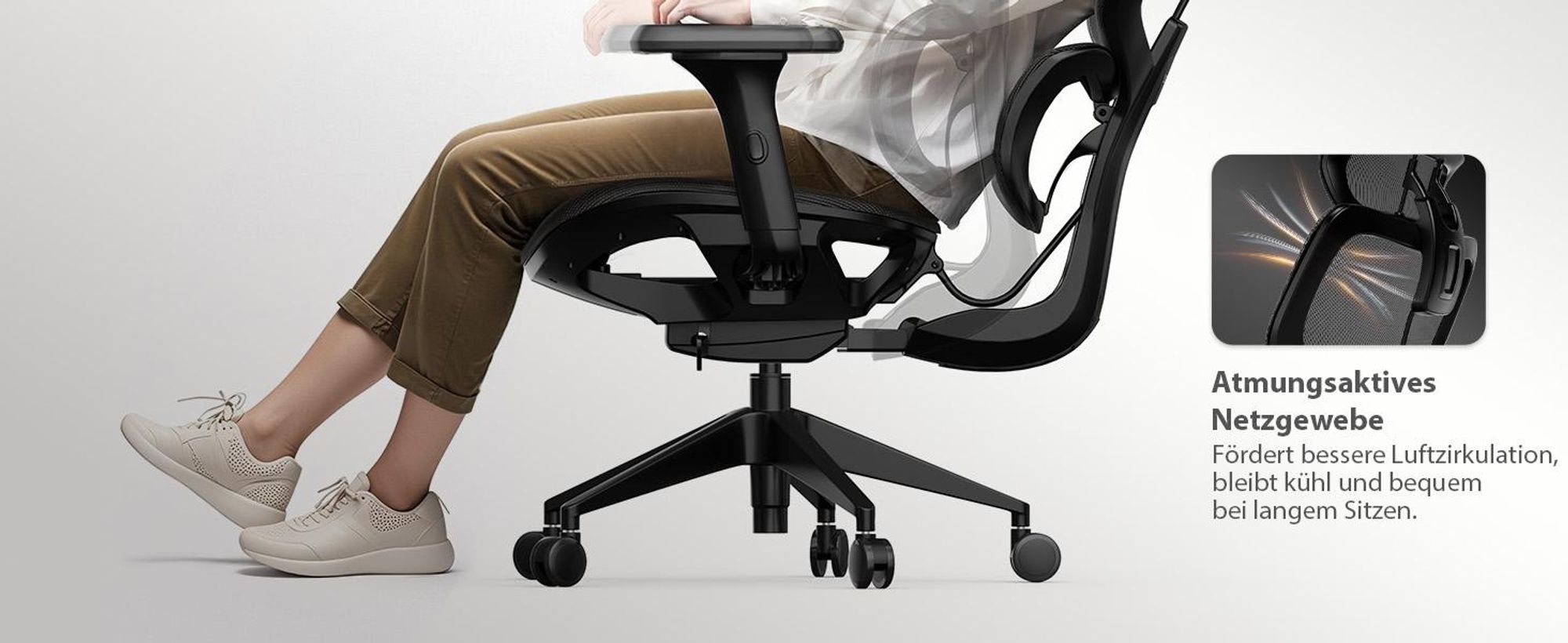 SENSE7 Nobu Ergonomischer Bürostuhl Schreibtischstuhl Schwarz mit 3D-Armlehnen Kopfstütze Netzrücken Wippfunktion Chefsessel Homeoffice 130 kg