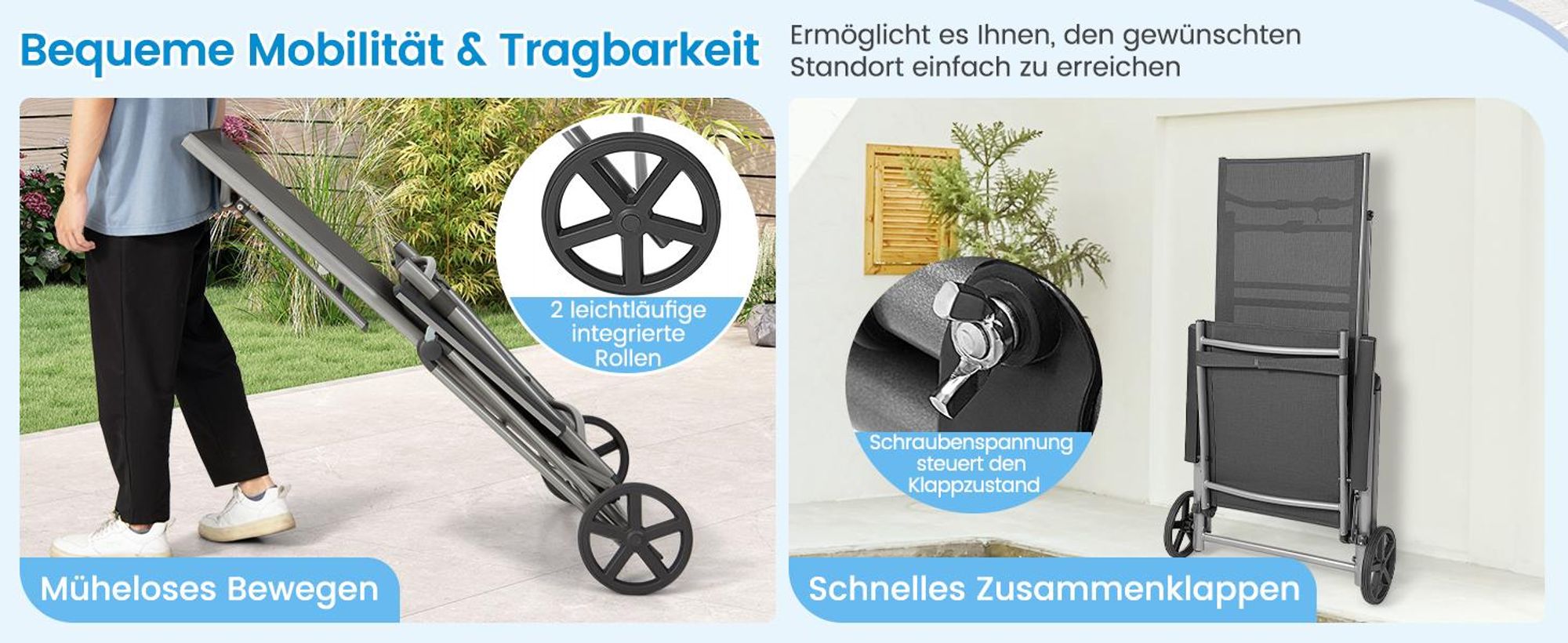 COSTWAY Liegestuhl aus Aluminium mit Rollen, klappbarer Sonnenliege mit 7-Fach Verstellbarer Rückenlehne und Abnehmbarer Kopfkissen, Klappliege Gartenliege mit schnell trocknendem Stoff
