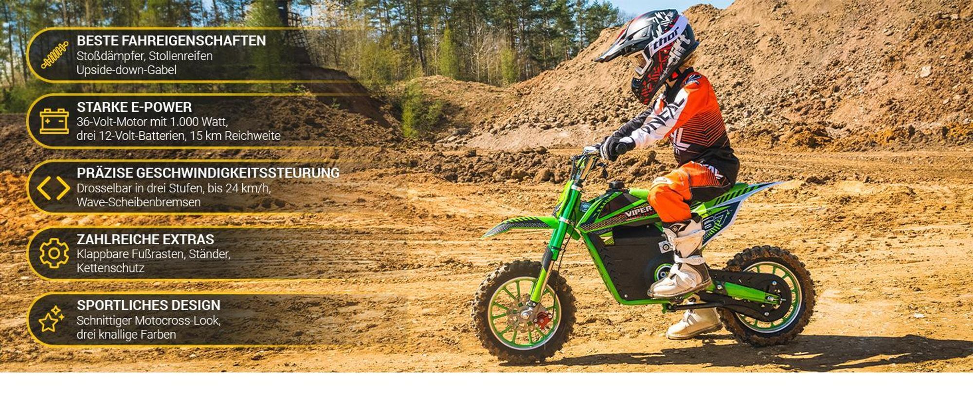 Actionbikes Motors Kinder Crossbike Viper | Elektro Motorrad - 1000 Watt - Bis 24 km/h - Motorcrossbike - Pocketbike - Dirt Bike - Drosselbar (SW)