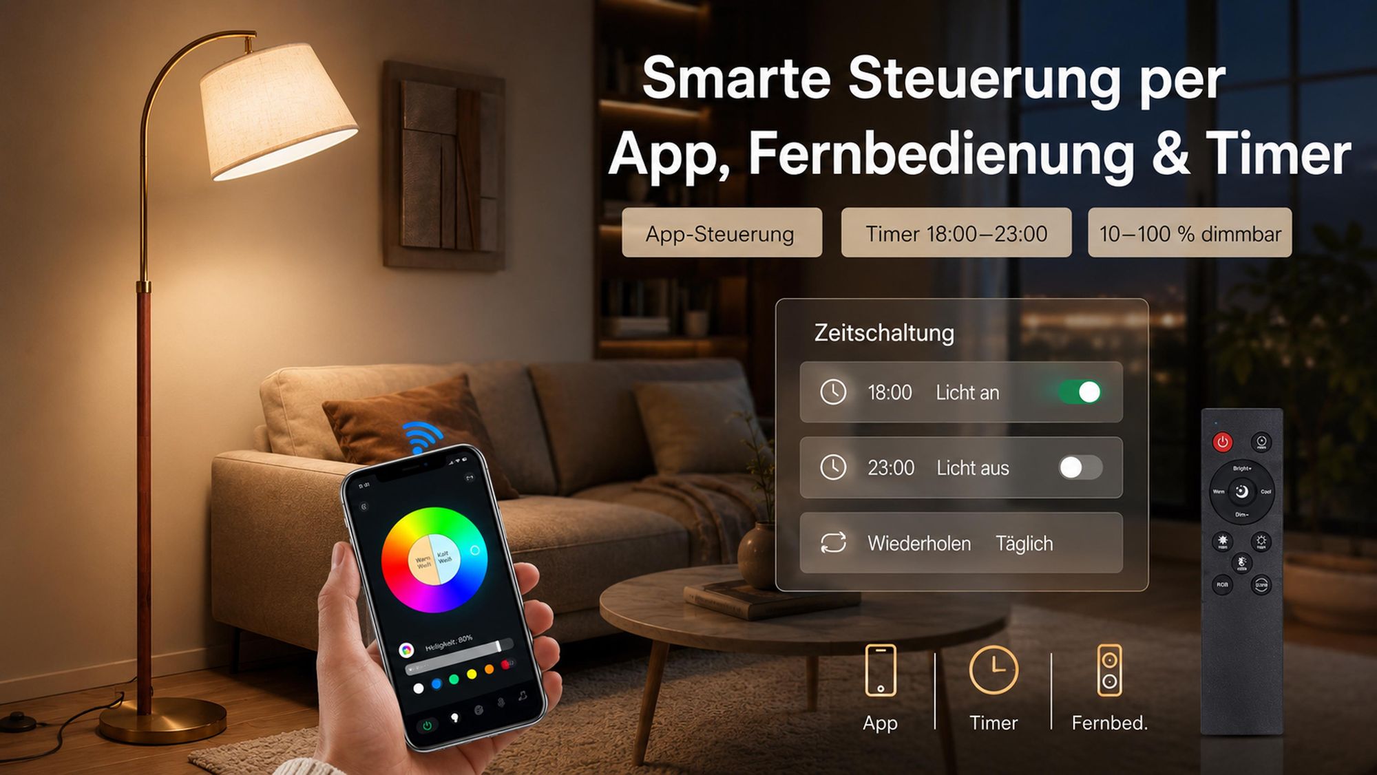 RGB Stehlampe Led Dimmbar aus Massivholz, 170cm, RGB+CCT, Smart App & Fernbedienung, Music Sync, Schwanenhals Leselampe Schlafzimmer Wohnzimmer Büro