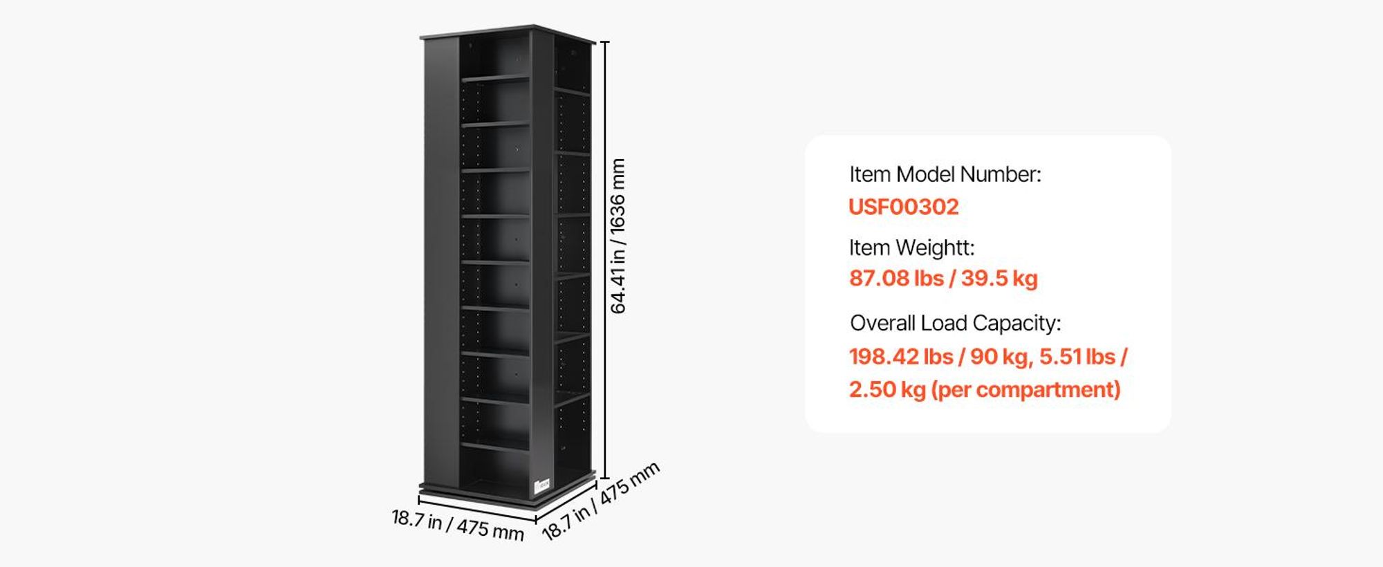VEVOR DVD-Drehregal mit 34 Fächern, Einstellbares Medienregal Standregal 475 x 475 x 1636 mm, Platzsparendes Aufbewahrungsregal für CDs DVDs Bücher Spiele-Discs, Wohnzimmer Homeoffice, Schwarz