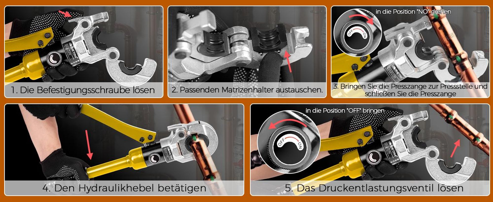 Profi Presszange V-Kontur TH-Kontur für Kupferrohr Edelstahlrohr Verbundrohr, Handpresszange, Hydraulik-Crimpzange Backeneinsätze mit TH16-32 & V12-28