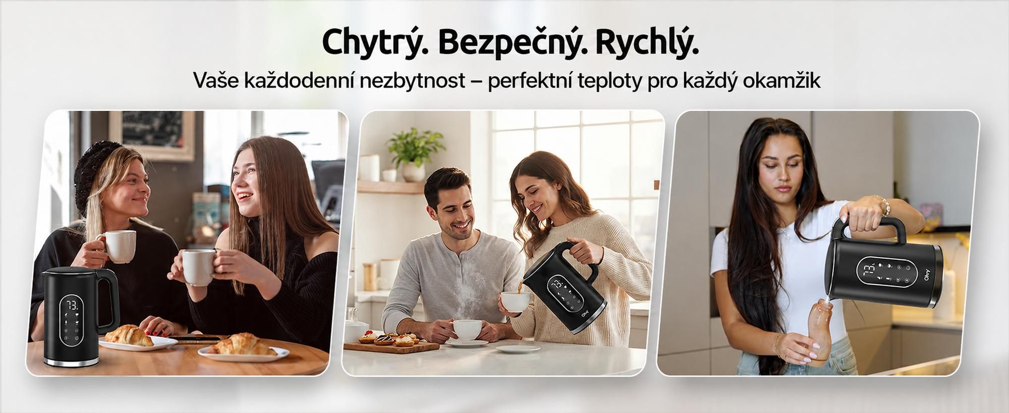Rychlovarná konvice Olvy s nastavením teploty 1,7 l - LCD displej, 2200 W, bez BPA, funkce udržování teploty, filtr proti vodnímu kameni, volba teploty 40-100°, nerezová ocel