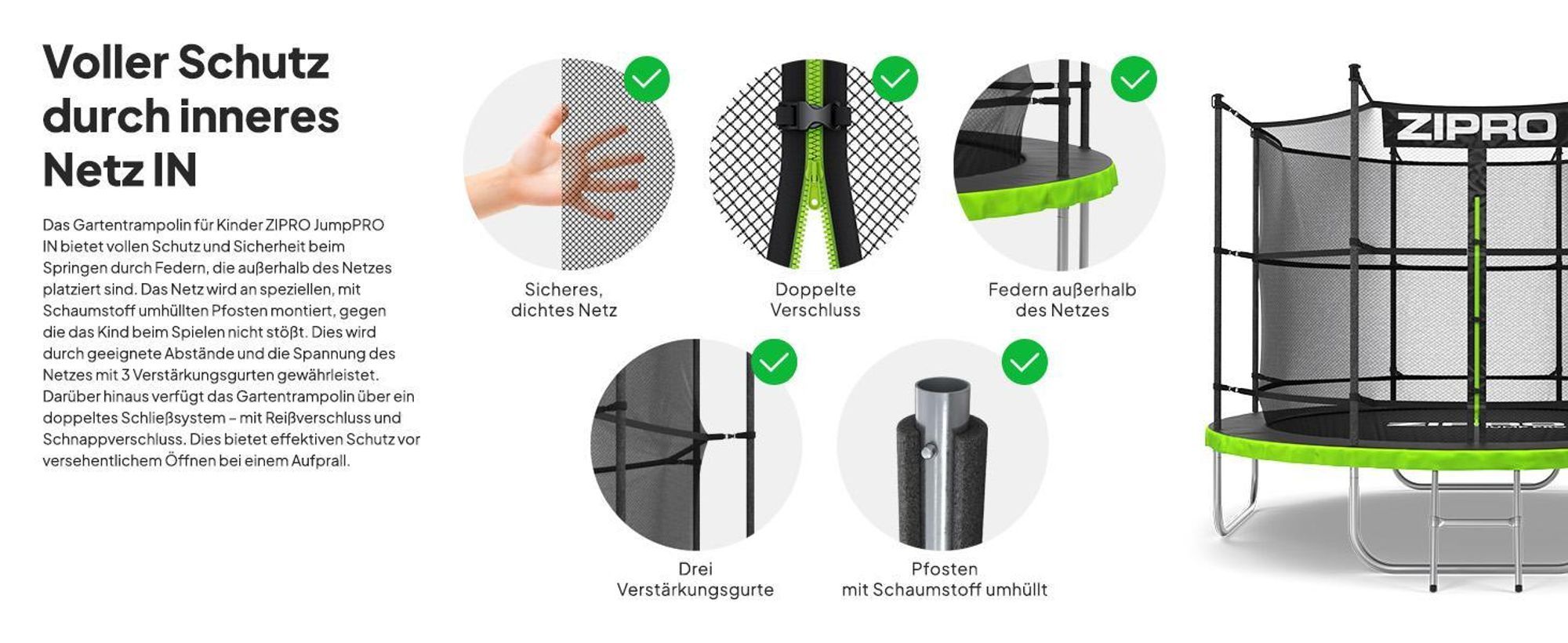 ZIPRO Trampolin Jump Pro IN | 8FT Ø 252 cm | Gartentrampolin Kindertrampolin Komplett-Set inkl. Innennetz, Leiter & Randabdeckung, Outdoor, Grün