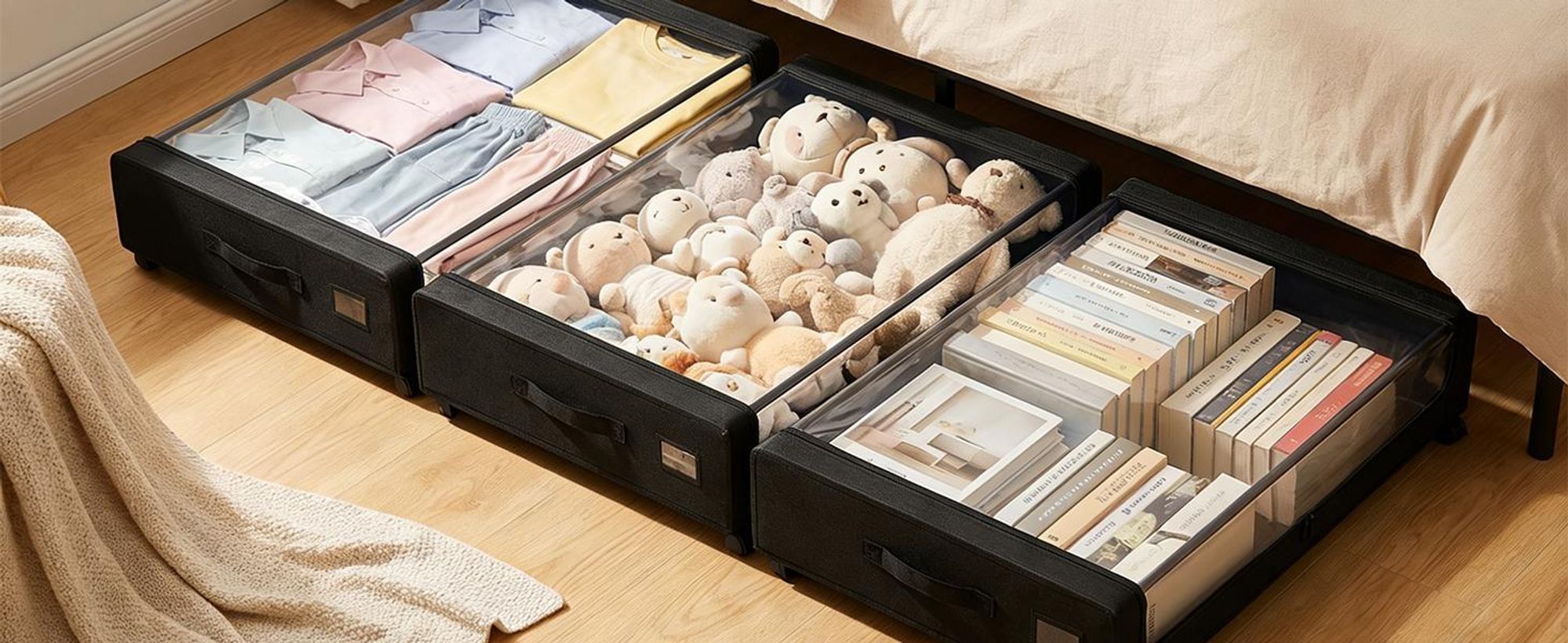 Unterbett Aufbewahrungsboxen mit Deckel schwarz – 2 St Organizer mit Rollen und Griff, Aufbewahrungstasche für Kleidung zur Aufbewahrung im Schrank
