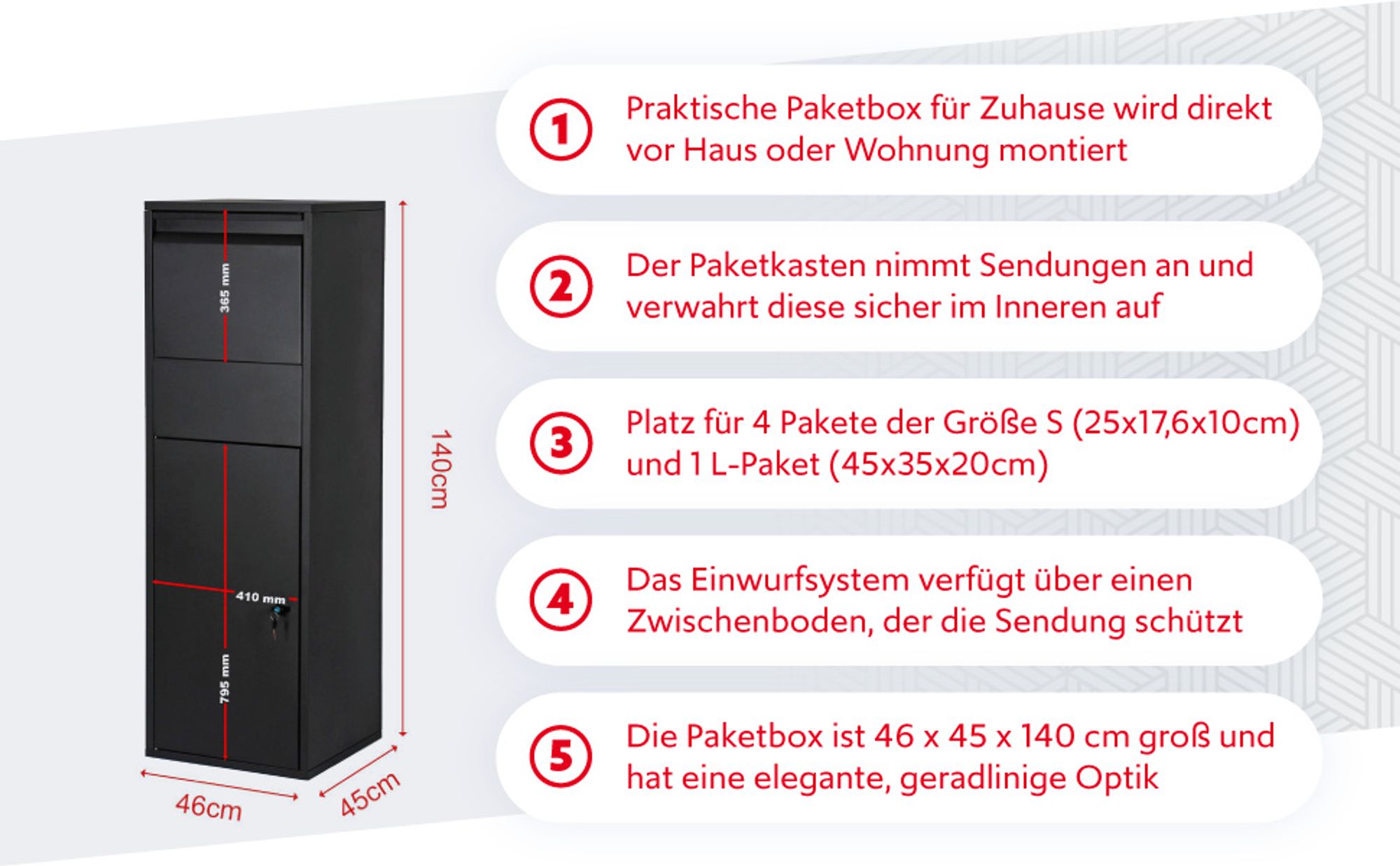 Wiltec Paketkasten Anthrazit 460 x 450 x 1400 mm, Paketbox Zuhause, private Paketannahme passend für Pakete der Größe S und L, Standbriefkasten