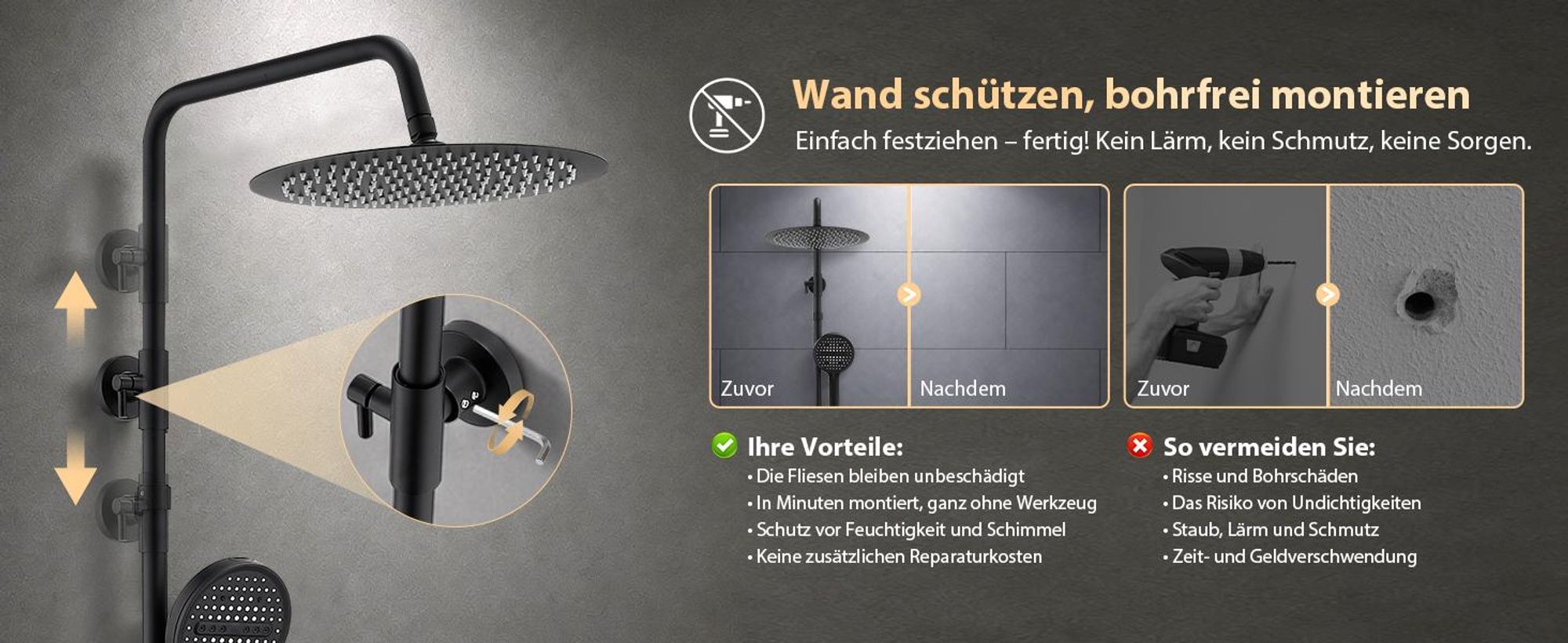 Homelody Duschsystem Thermostat Duschset Schwarz 12" Regendusche 6 Funktionen Handbrause SUS304 Edelstahl Kopfbrause, 38°C Verbrühschutz