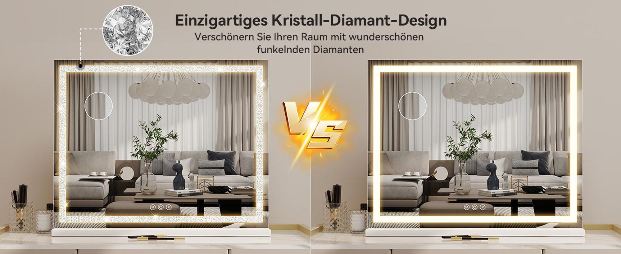 Puluomis Kosmetikspiegel 70x55 cm dimmbar mit LED Diamanten Design, 3 Farben Hollywood Spiegel, Schminkspiegel USB Type C Tischspiegel Wandspiegel