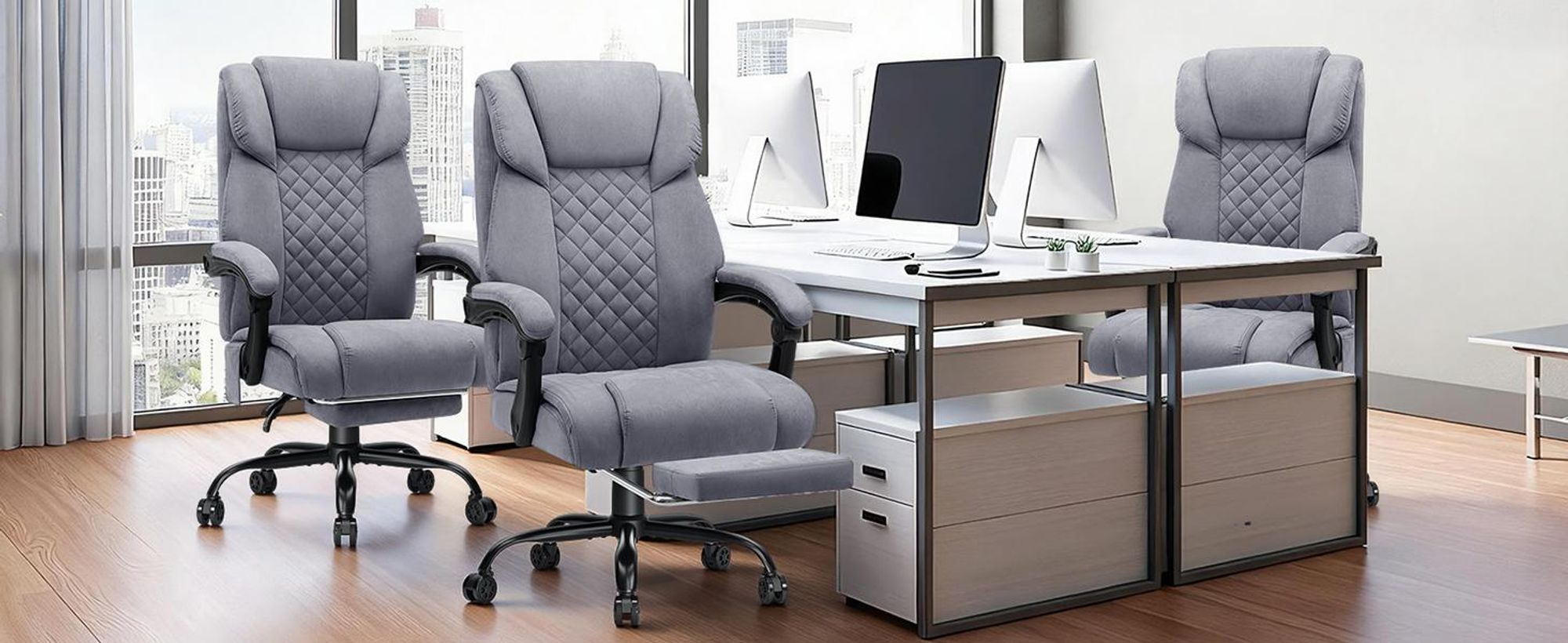 HOFFREE Massage-Bürostuhl mit Wärme & 7 Vibrationspunkten, 180° neigbar, Fußstütze, 200 kg Tragkraft, Chefsessel für große Personen, Grau