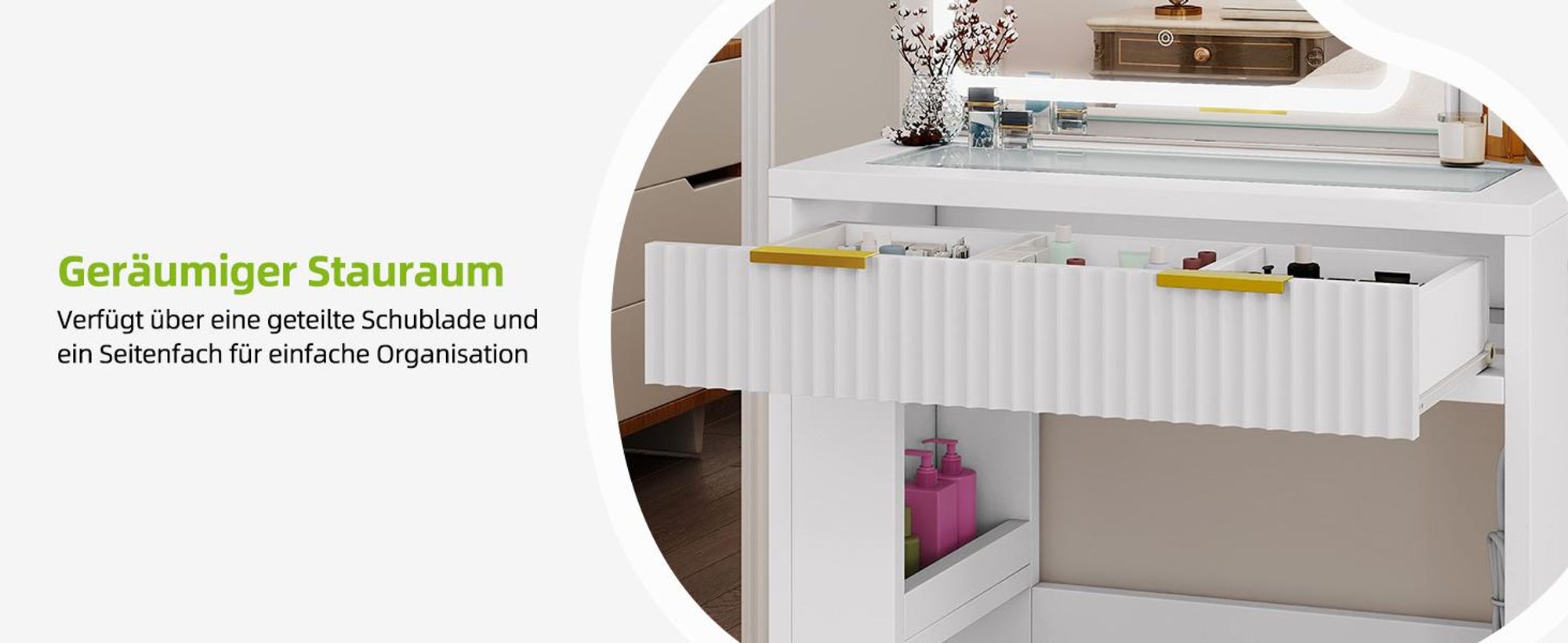 Schminktisch mit Verstellbarer LED-Beleuchtung und Steckdosen, Frisiertisch mit Transparenter Glasplatte, 1 Schubladen und 3 Facher, Weiß